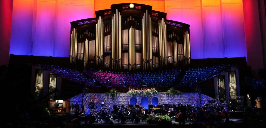Members of the Tabernacle Choir and the Orchestra at Temple Square rehearse before the 4,000th broadcast of the “Music and the Spoken Word” April 30, 2006. The program originated in 1929 and is the world’s longest continuous network broadcast.