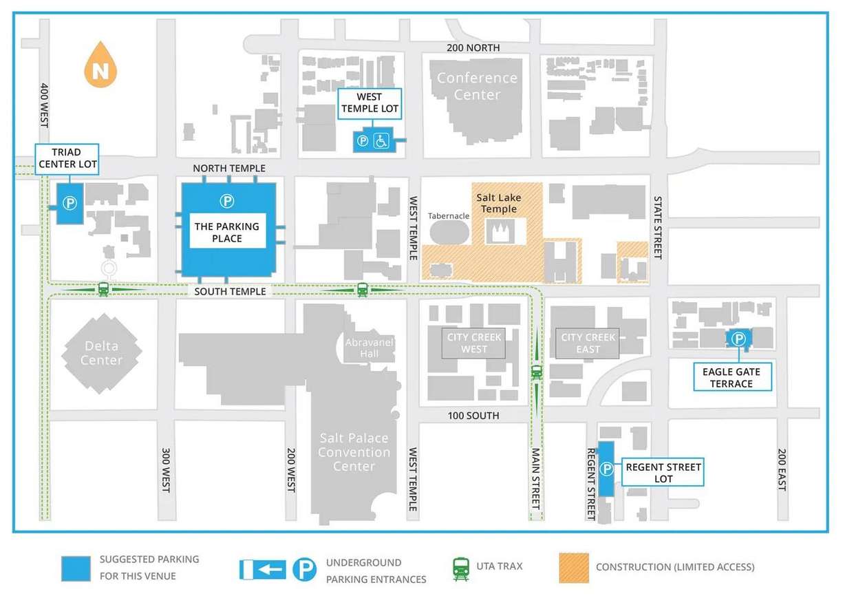 This image shows a map of parking areas available to attendees of general conference.