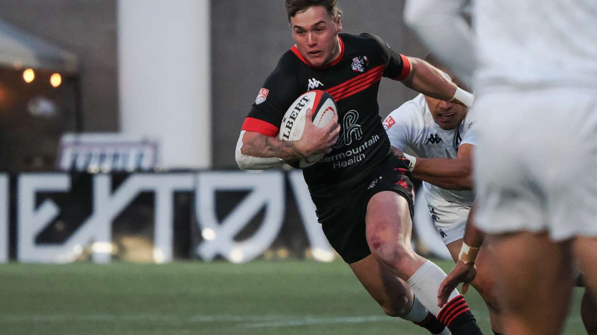 Utah Warriors wing Michael Manson scores a try against Anthem Rugby Carolina, Friday, April 5, 2024, at Zions Bank Stadium in Herriman.