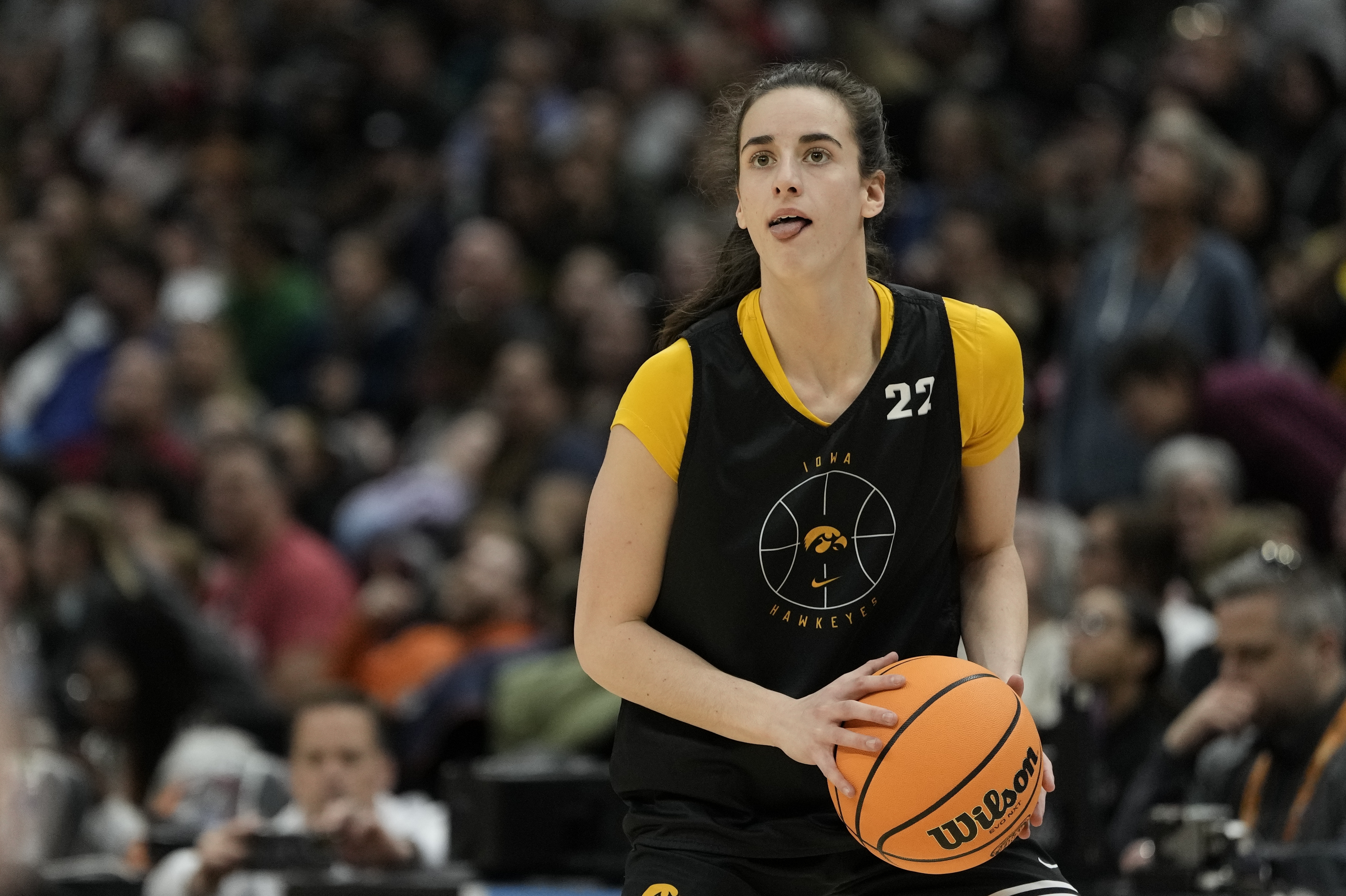 Iowa's Caitlin Clark shoots during practice for the NCAA Women's Final Four championship basketball game Saturday, April 6, 2024, in Cleveland. 