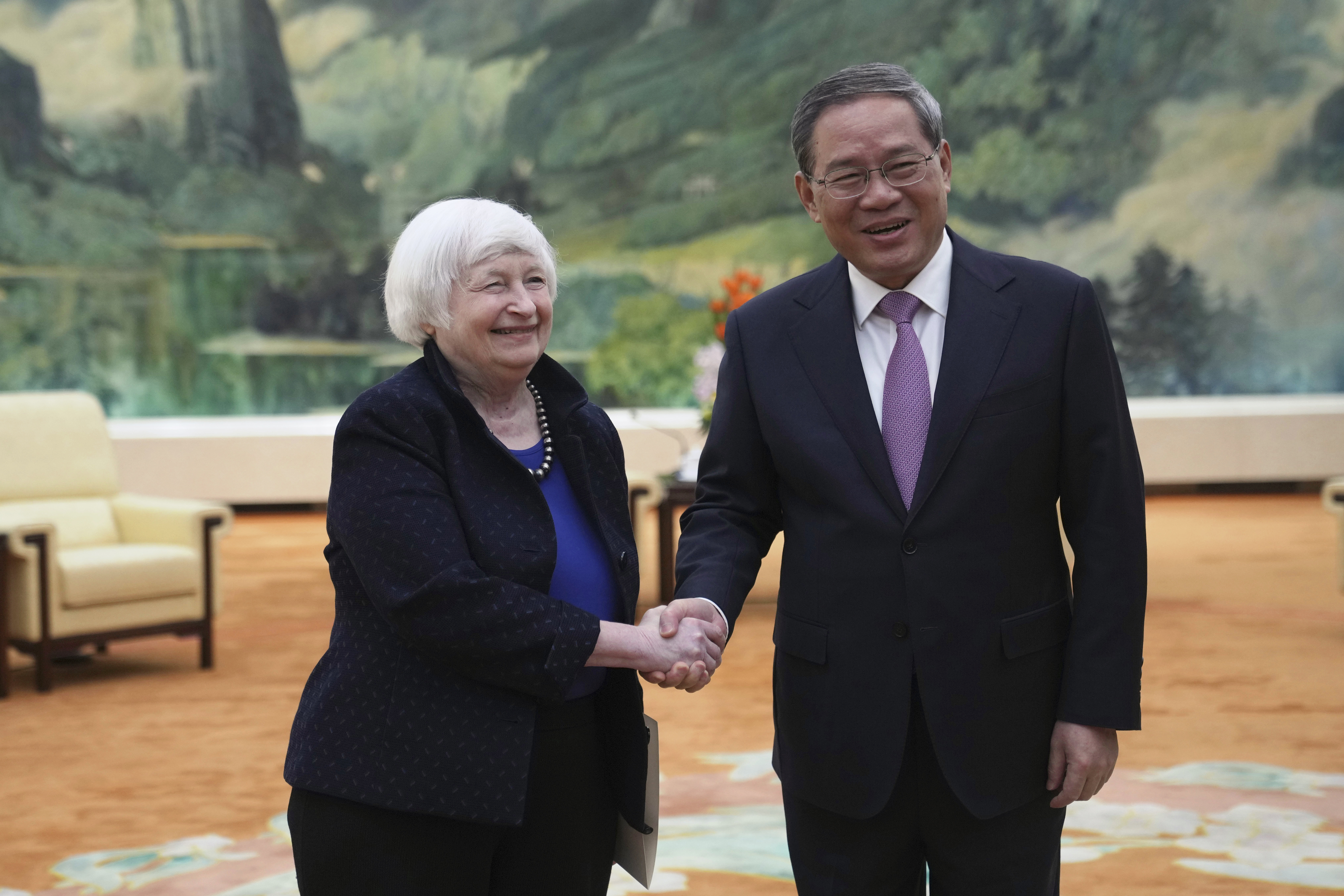 U.S. Treasury Secretary Janet Yellen meets Chinese Premier Li Qiang at the Great Hall of the People in Beijing, China, Sunday. 