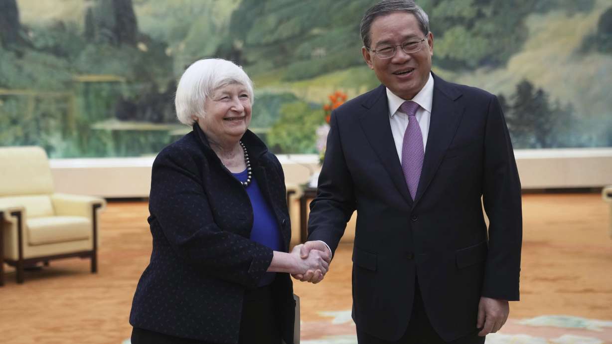 U.S. Treasury Secretary Janet Yellen meets Chinese Premier Li Qiang at the Great Hall of the People in Beijing, China, Sunday.