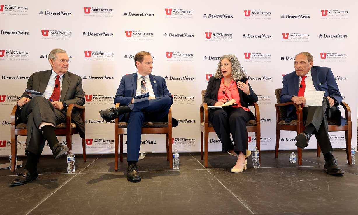 Former Gov. Michael O. Leavitt, Rep. Steve Eliason, R-Sandy, Tracy Gruber, Department of Health and Human Services executive director, and Rod Petit, former Utah Department of Health executive director, participate in a Caring for Those in Need panel discussion at “What’s Past is Prologue: Public policy lessons from the past quarter century” at the Thomas S. Monson Center in Salt Lake City on Friday.