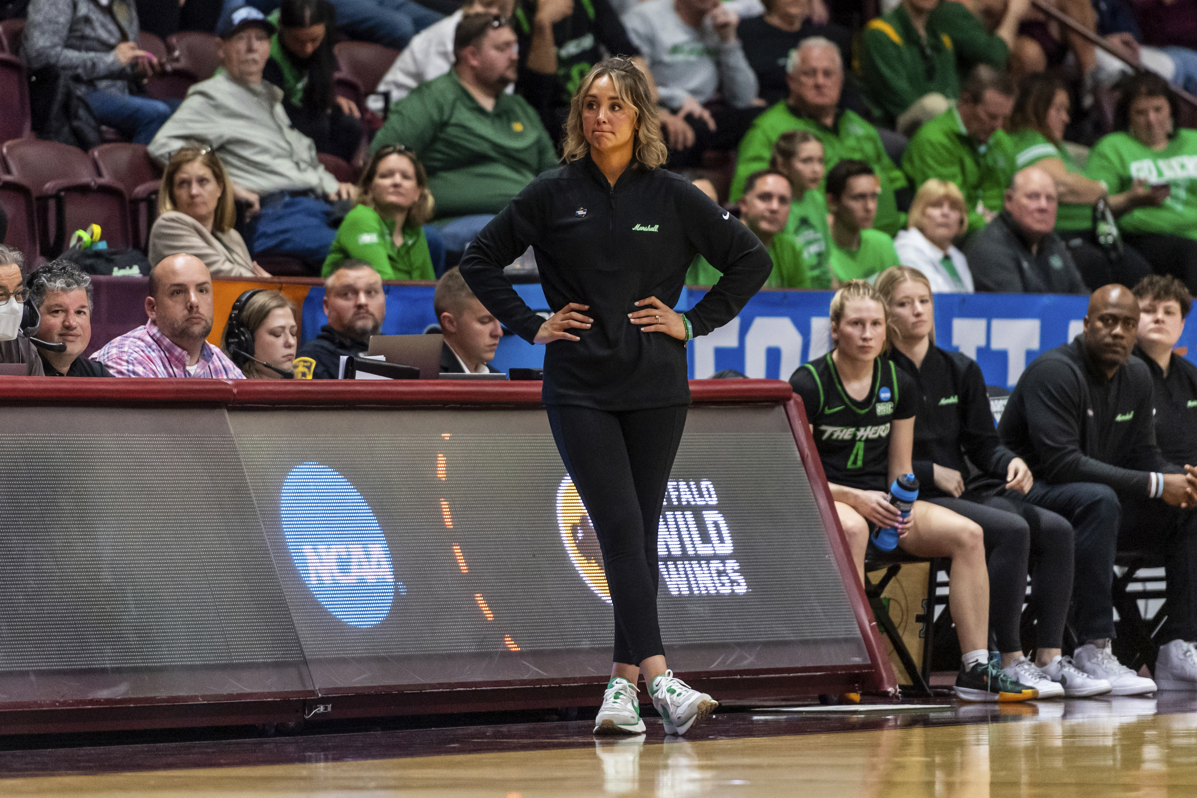 FILE - Marshall head coach Kim Caldwell looks on during the second half of a first-round college basketball game against Virginia Tech in the women's NCAA Tournament in Blacksburg, Va., Friday, March 22, 2024. Tennessee athletic director Danny White announced Sunday, April 7, 2024, that Kim Caldwell has been hired as the fourth head coach in the history of the Tennessee Lady Vols and will be introduced at a news conference Tuesday. She replaces Kellie Harper who was fired Monday. 
