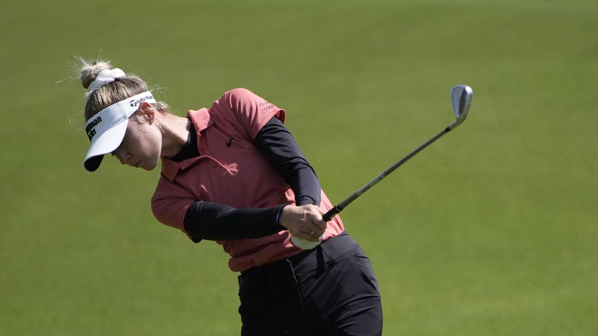 Nelly Korda hits off the first fairway during the final round of the LPGA T-Mobile Match Play golf tournament Sunday, April 7, 2024, in North Las Vegas, Nev.