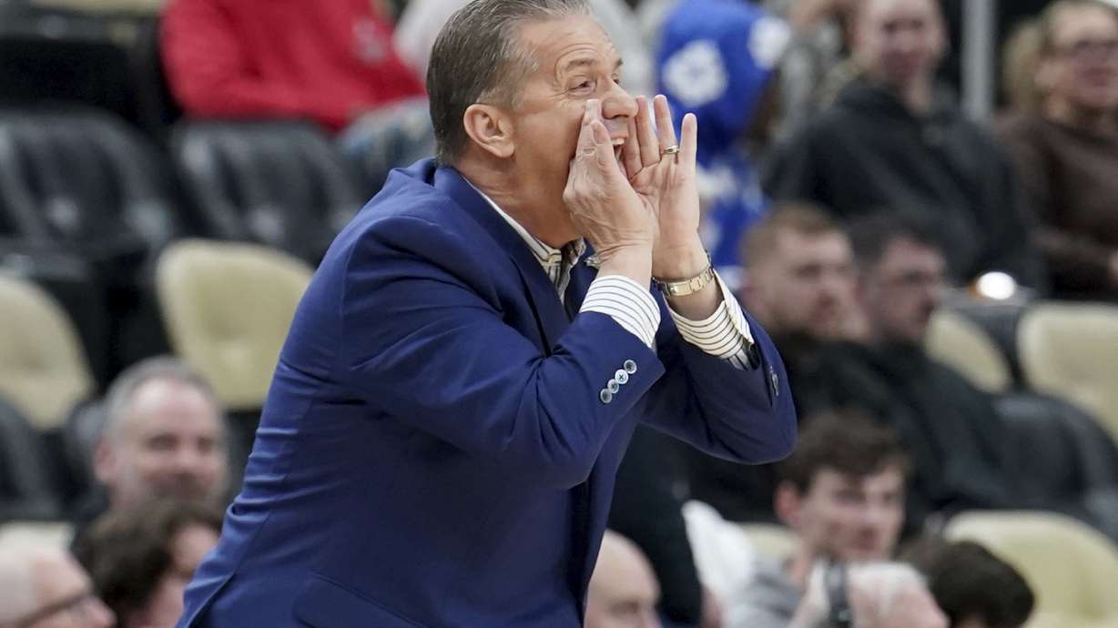 Kentucky coach John Calipari calls out to the team during the first half of a college basketball game against Oakland in the first round of the men's NCAA Tournament Thursday, March 21, 2024, in Pittsburgh.