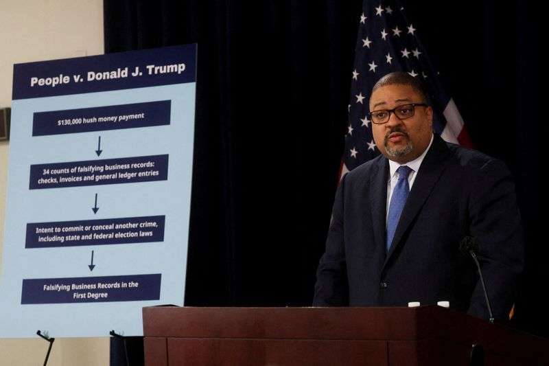 New York County District Attorney Alvin Bragg speaks after former president Donald Trump appeared at Manhattan Criminal Courthouse, after his indictment by a Manhattan grand jury following a probe into hush money paid to porn star Stormy Daniels, in New York City, April 4.