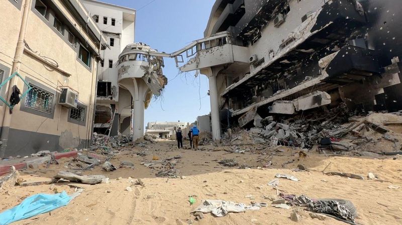 A view of the rubble at the destroyed Al Shifa Hospital during an inspection by the World Health Organization, amid the ongoing conflict between Israel and Palestinian Islamist group Hamas, in Gaza City in this handout image released Sunday.