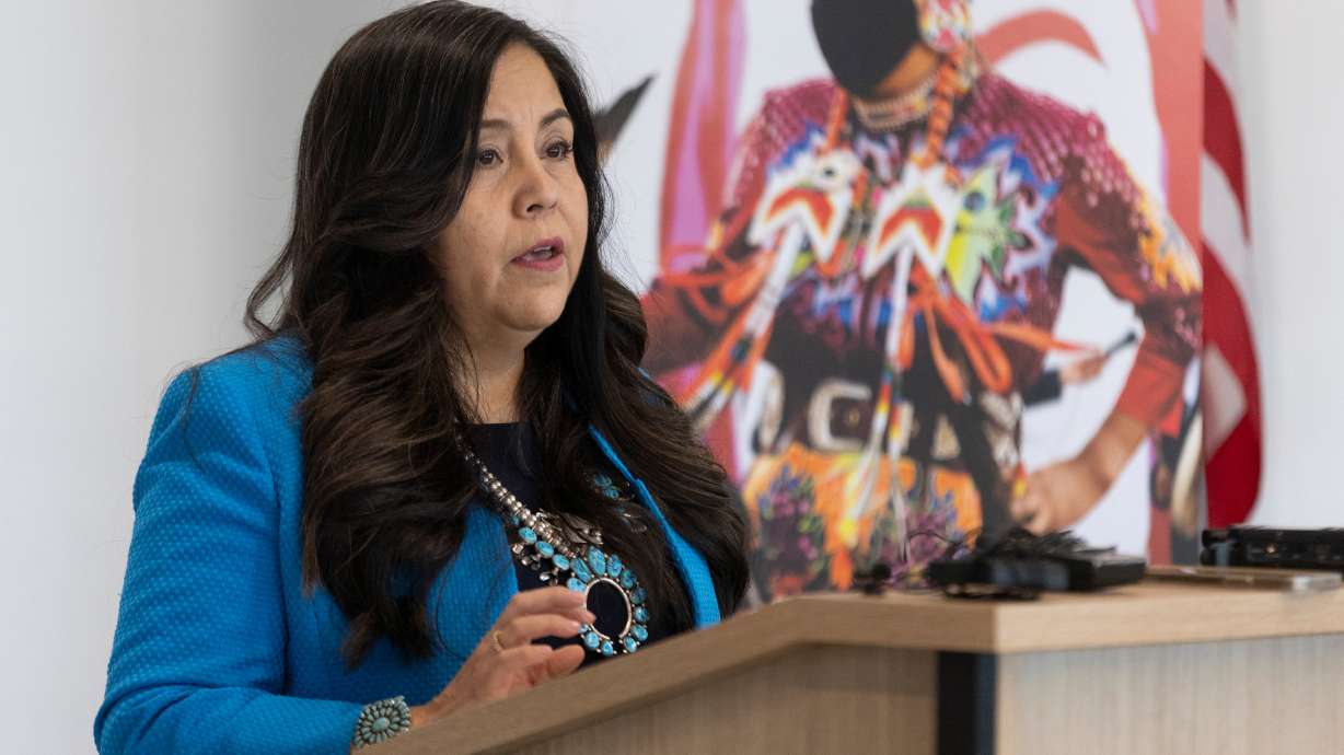 Yolanda Francisco, executive director of Restoring Ancestral Winds, speaks during a press conference announcing a statewide helpline aimed to assist Indigenous communities at the Utah Department of Public Safety in Taylorsville, on Monday.