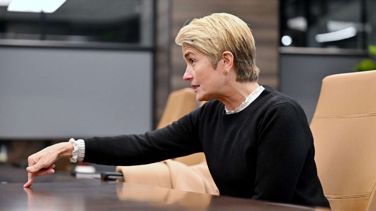 U.S. Senate candidate Carolyn Phippen sits down to talk with the Deseret News and KSL editorial boards in Salt Lake City on Monday.