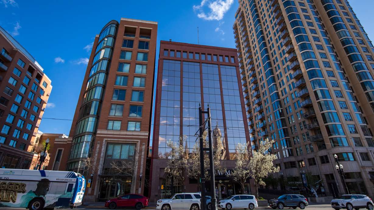 57 West, an eight-story building in downtown Salt lake City, is pictured on April 8, 2024. The building is slated to be torn down in March, according to its owners.