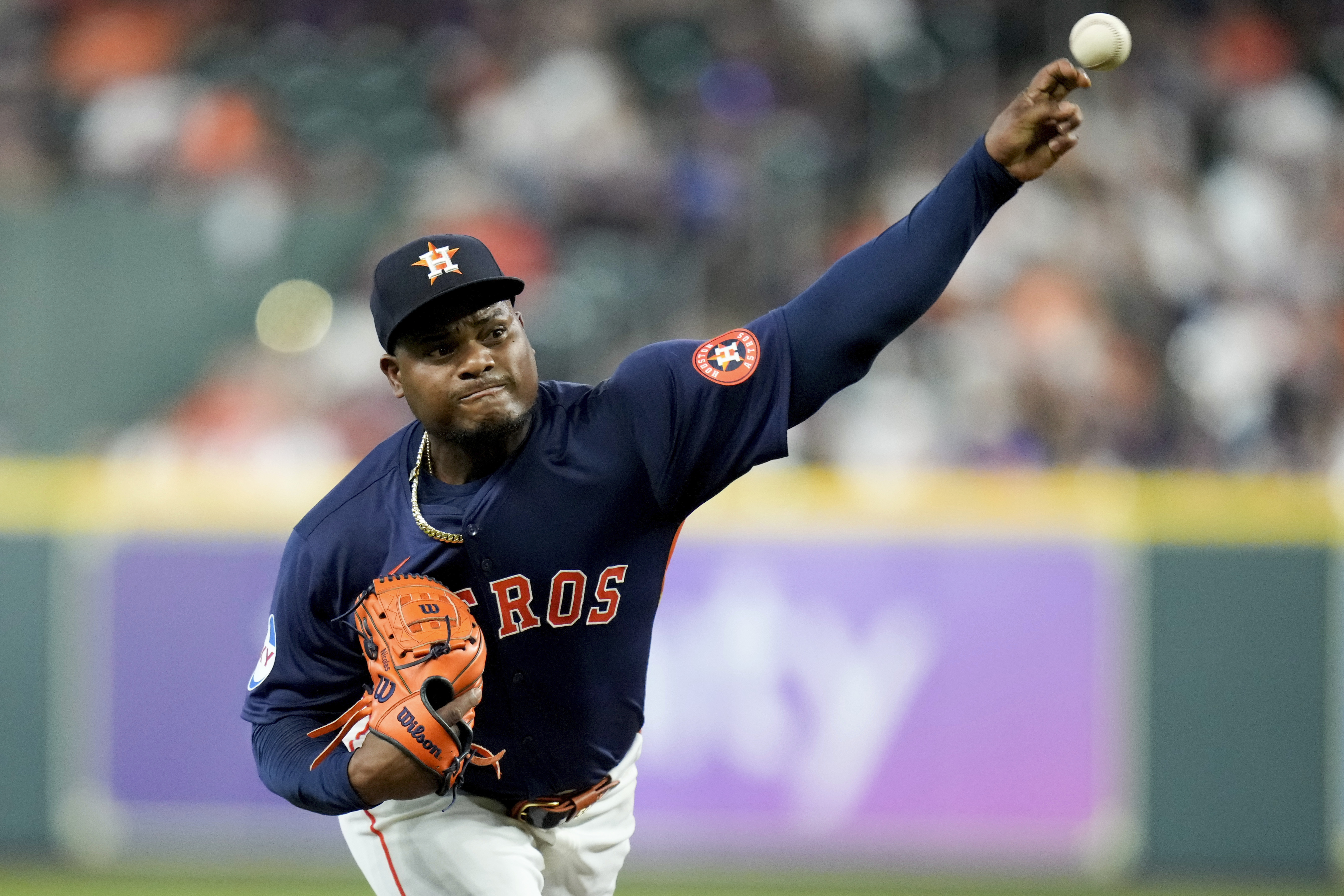 Houston Astros starting pitcher Framber Valdez delivers against the Toronto Blue Jays during the first inning of a baseball game Tuesday, April 2, 2024, in Houston. 