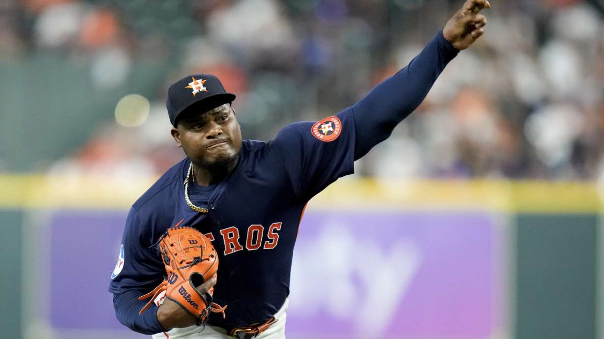 Houston Astros starting pitcher Framber Valdez delivers against the Toronto Blue Jays during the first inning of a baseball game Tuesday, April 2, 2024, in Houston.