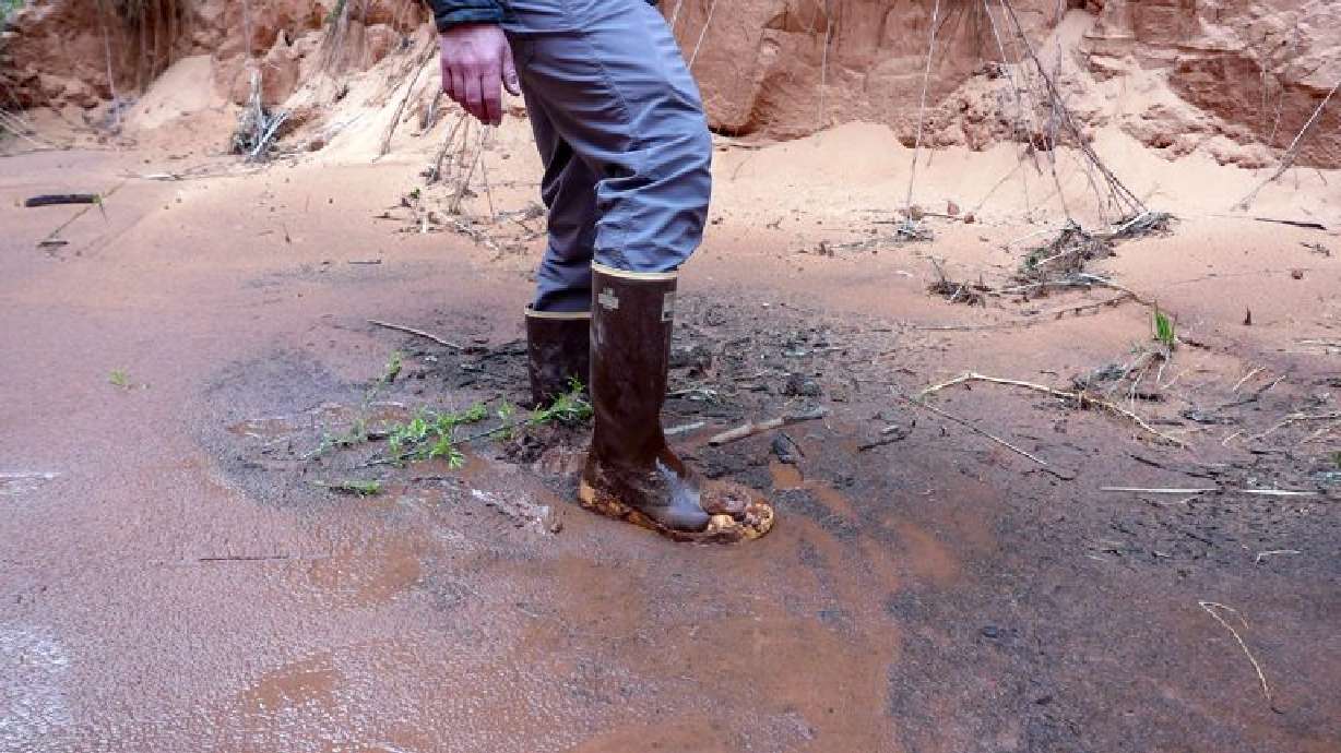 Jack Stauss tests the ground, finding quicksand, Glen Canyon National Recreation Area, Utah, March 25.