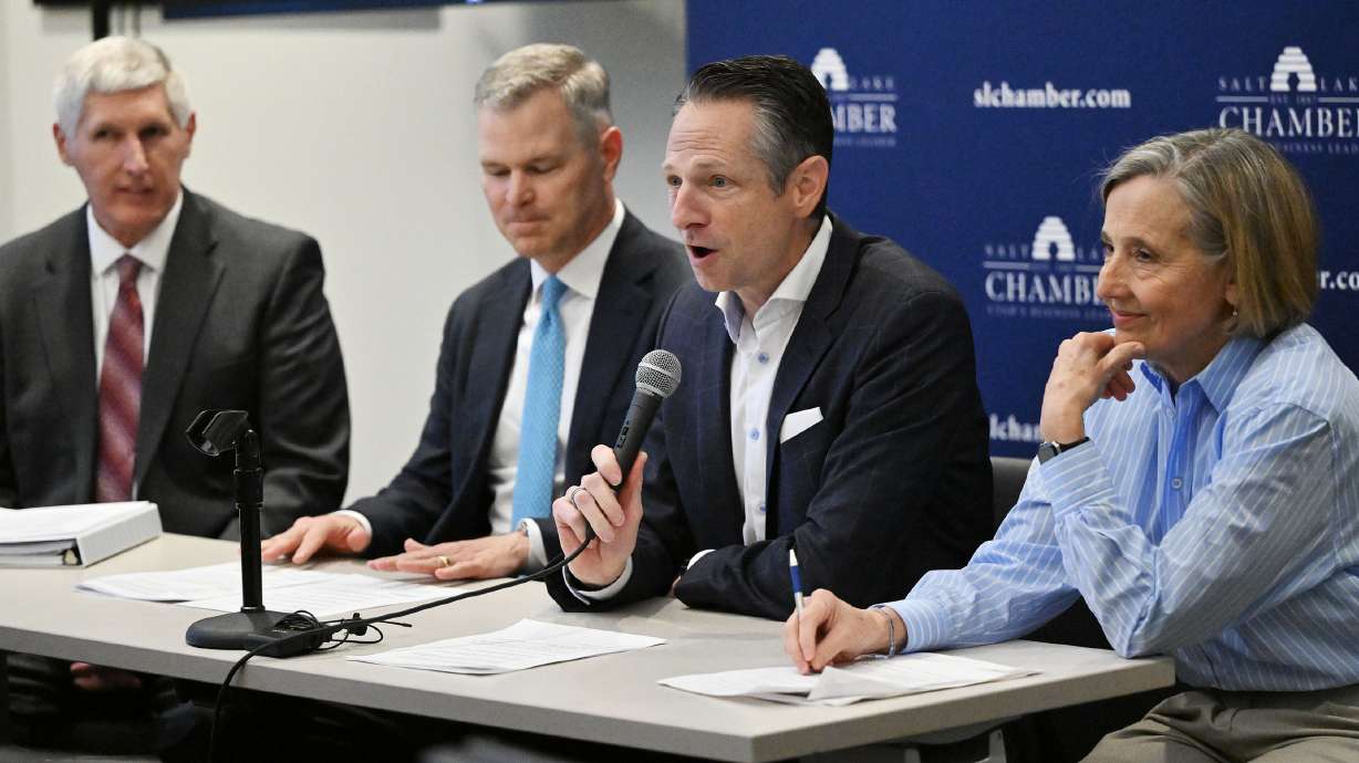 Derek Miller, president and CEO of the Salt Lake Chamber, is joined by Natalie Gochnour, Spencer P. Eccles and Chris McCormick, in Salt Lake City on Tuesday.