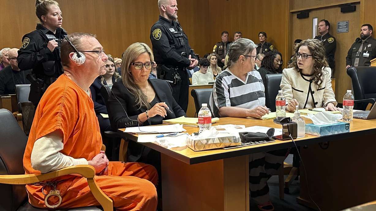From left, James Crumbley, defense lawyer Mariell Lehman, Jennifer Crumbley, and defense lawyer Shannon Smith await sentencing in Oakland County, Mich., court on Tuesday. The parents of a Michigan school shooter were each sentenced to at least 10 years in prison.