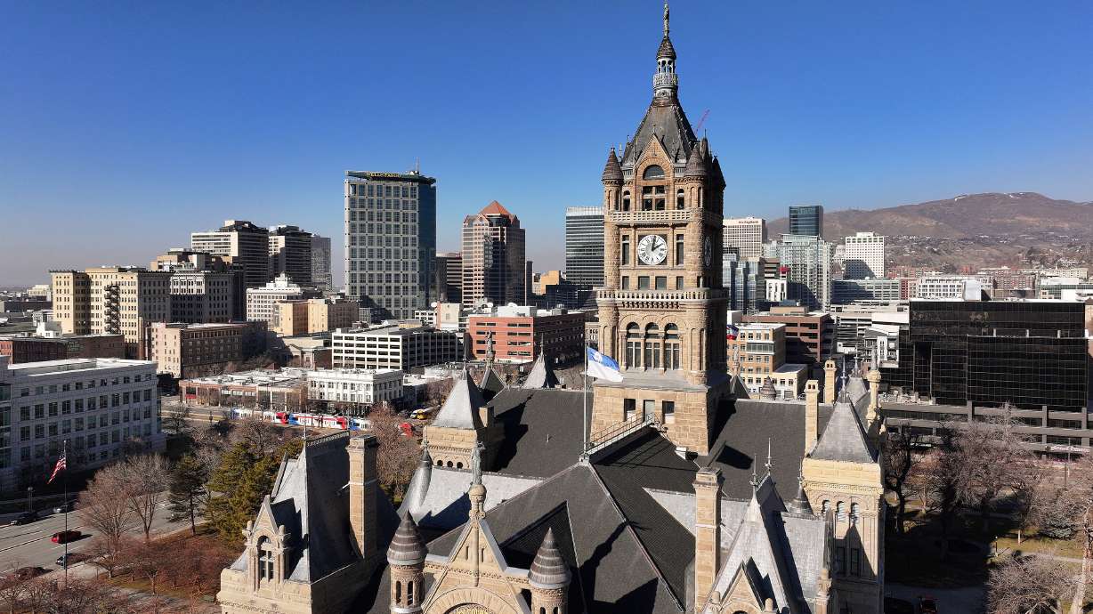 Salt Lake City’s downtown skyline and Salt Lake City-County Building on Jan. 30, 2024. The city approved a $2.1 billion budget, including a nearly $500 million general fund, on Tuesday.