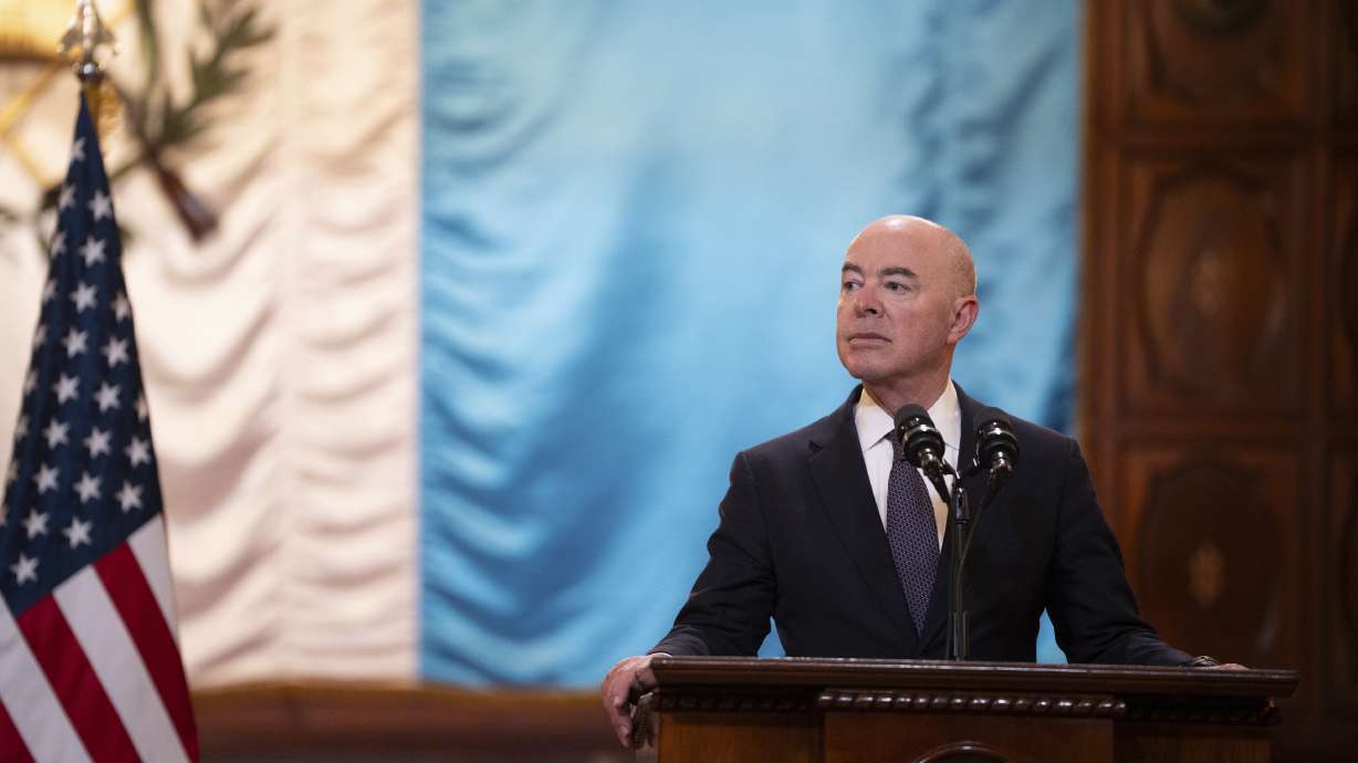 Homeland Security Secretary Alejandro Mayorkas speaks in Guatemala City, March 21. Speaker of the House Mike Johnson will delay sending the House’s articles of impeachment against Mayorkas.