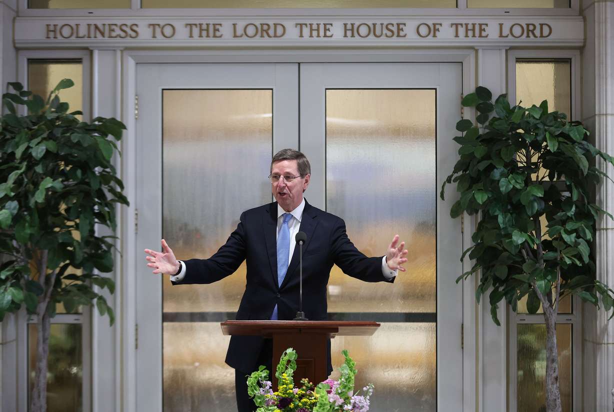 Elder Kevin W. Pearson, president of the Utah area of The Church of Jesus Christ of Latter-day Saints, speaks to media during the Taylorsville Utah Temple media tour in Taylorsville on Tuesday.