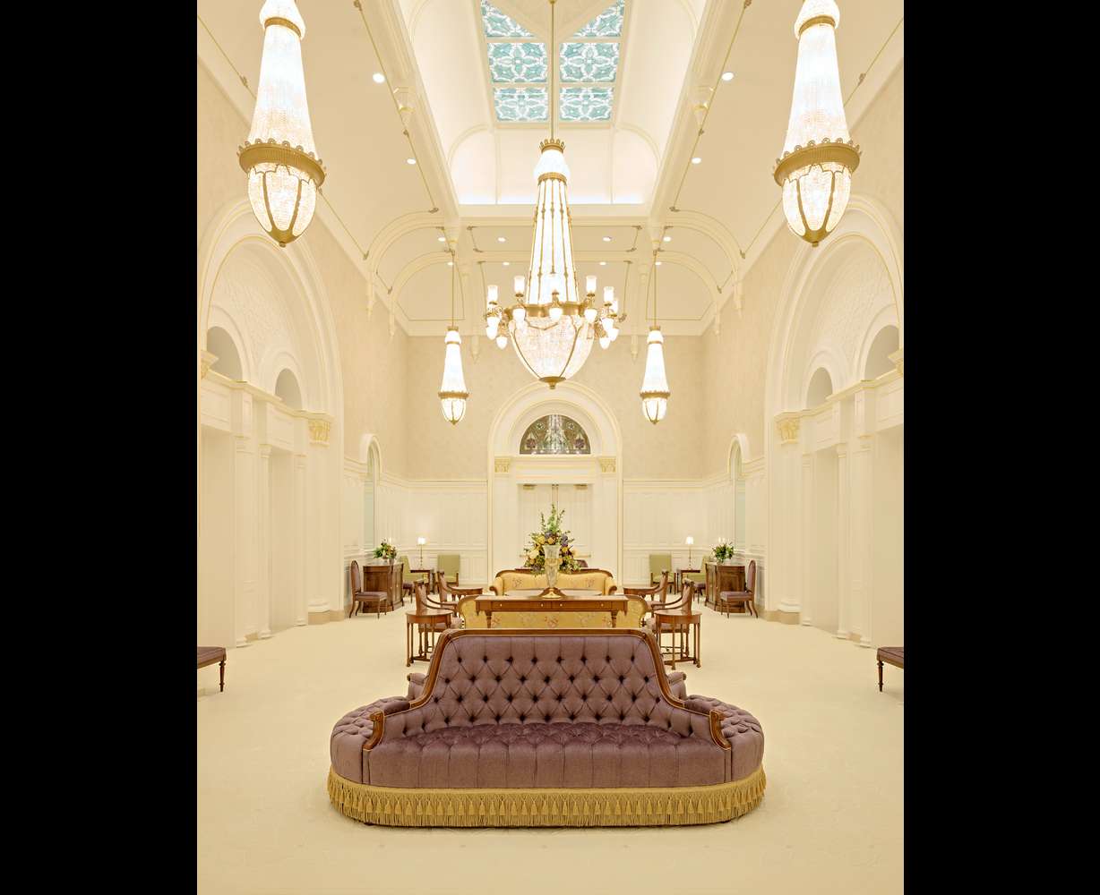 The celestial room in the Taylorsville Utah Temple. The temple will be open to the public for tours beginning Saturday.