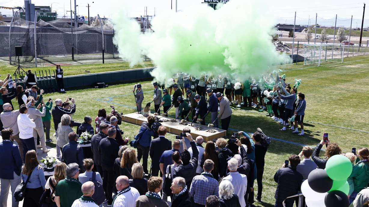Utah Valley University officials and donors break ground on the 22,000-square foot UCCU Stadium that will be located on the west side of Clyde Field on the Orem campus, Tuesday, April 9, 2024.