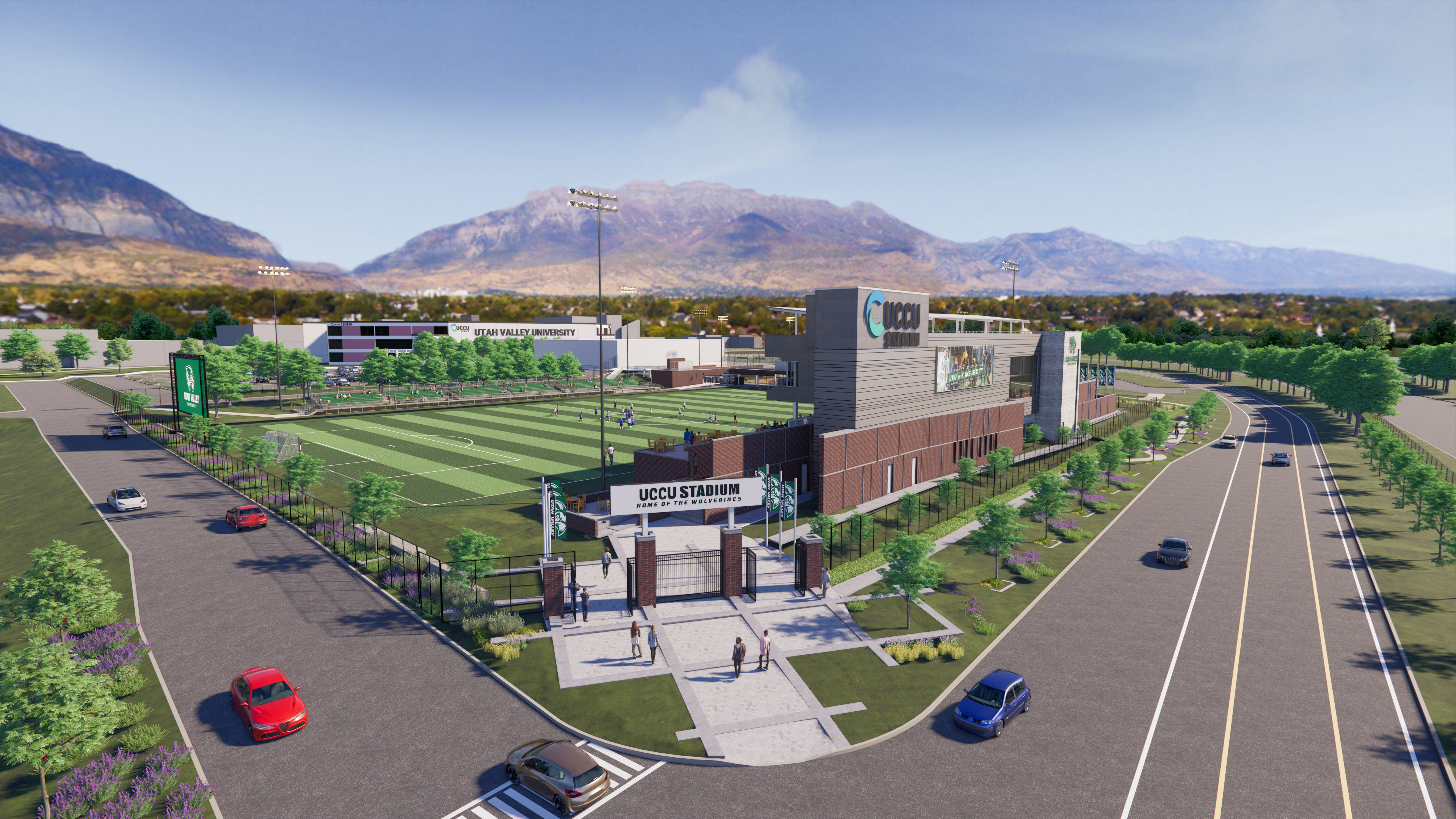 Renderings made available to the media during the groundbreaking of the 22,000-square foot UCCU Stadium that will be located on the west side of Clyde Field on the Orem campus, Tuesday, April 9, 2024.