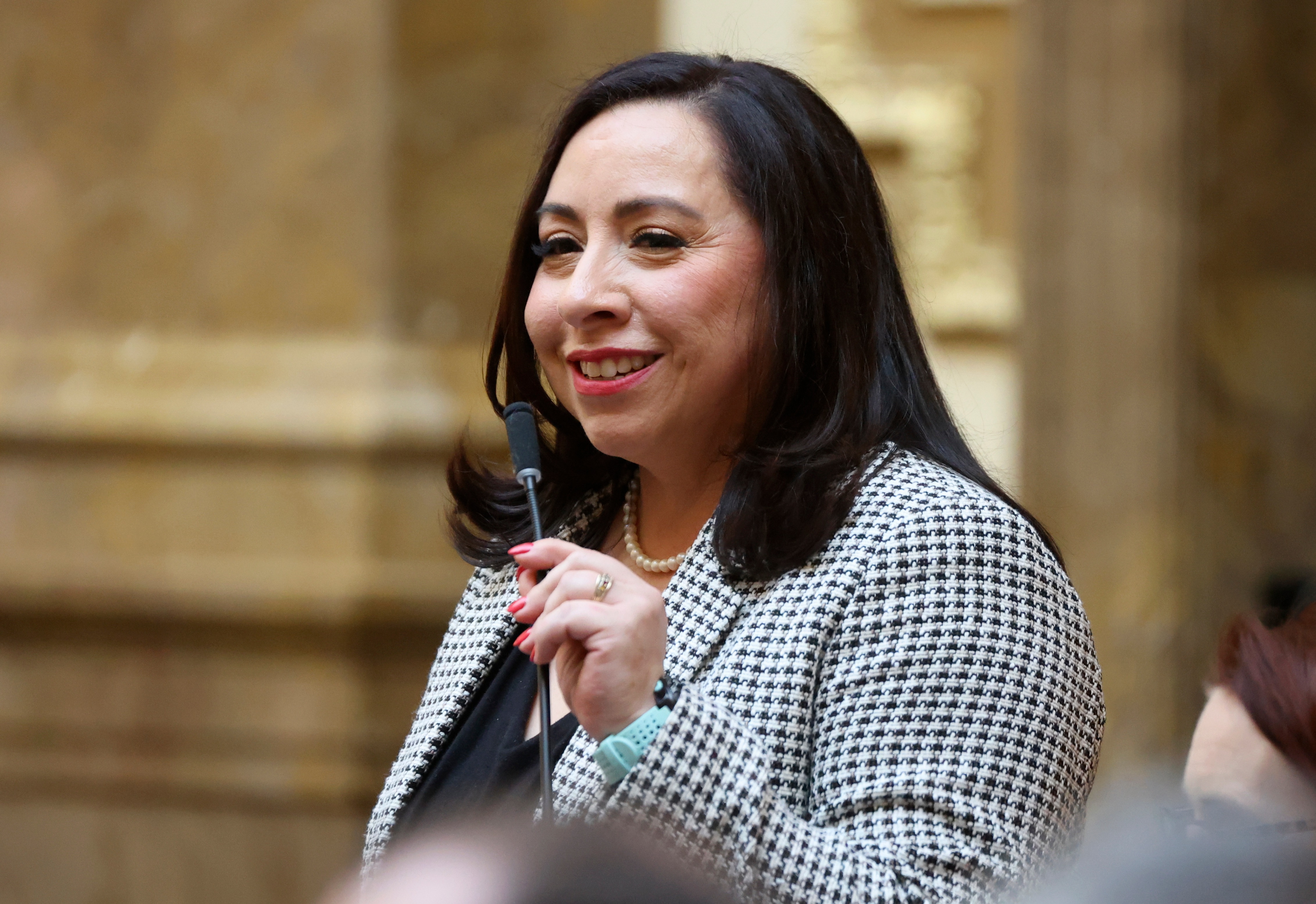 House Minority Leader Angela Romero, D-Salt Lake City, speaks on the first day of the general legislative session in the House chamber at the Capitol in Salt Lake City on Jan. 16.