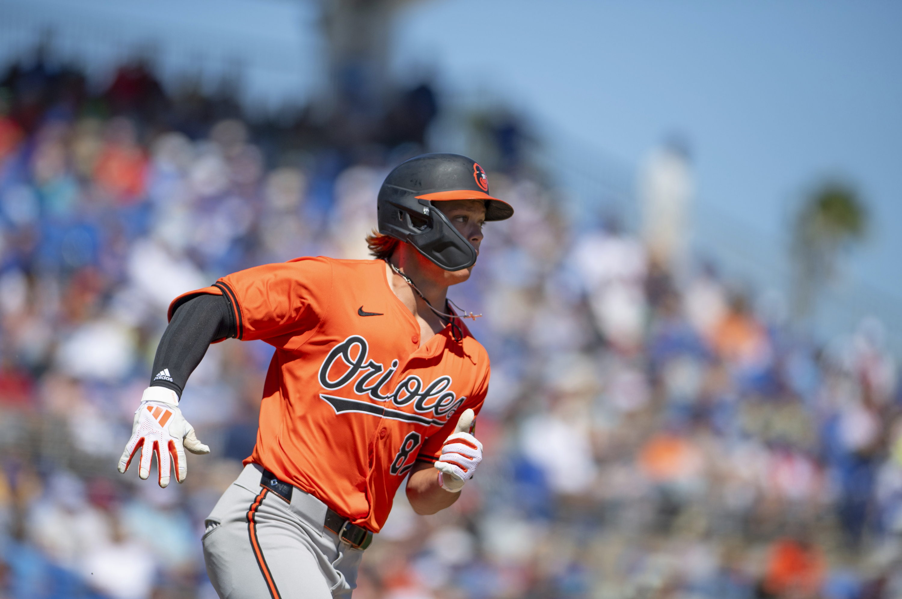 Baltimore Orioles second baseman Jackson Holliday rounds first base after hitting a home run during a baseball game against the Toronto Blue Jays, Tuesday, March 19, 2024, in Dunedin, Fla. 