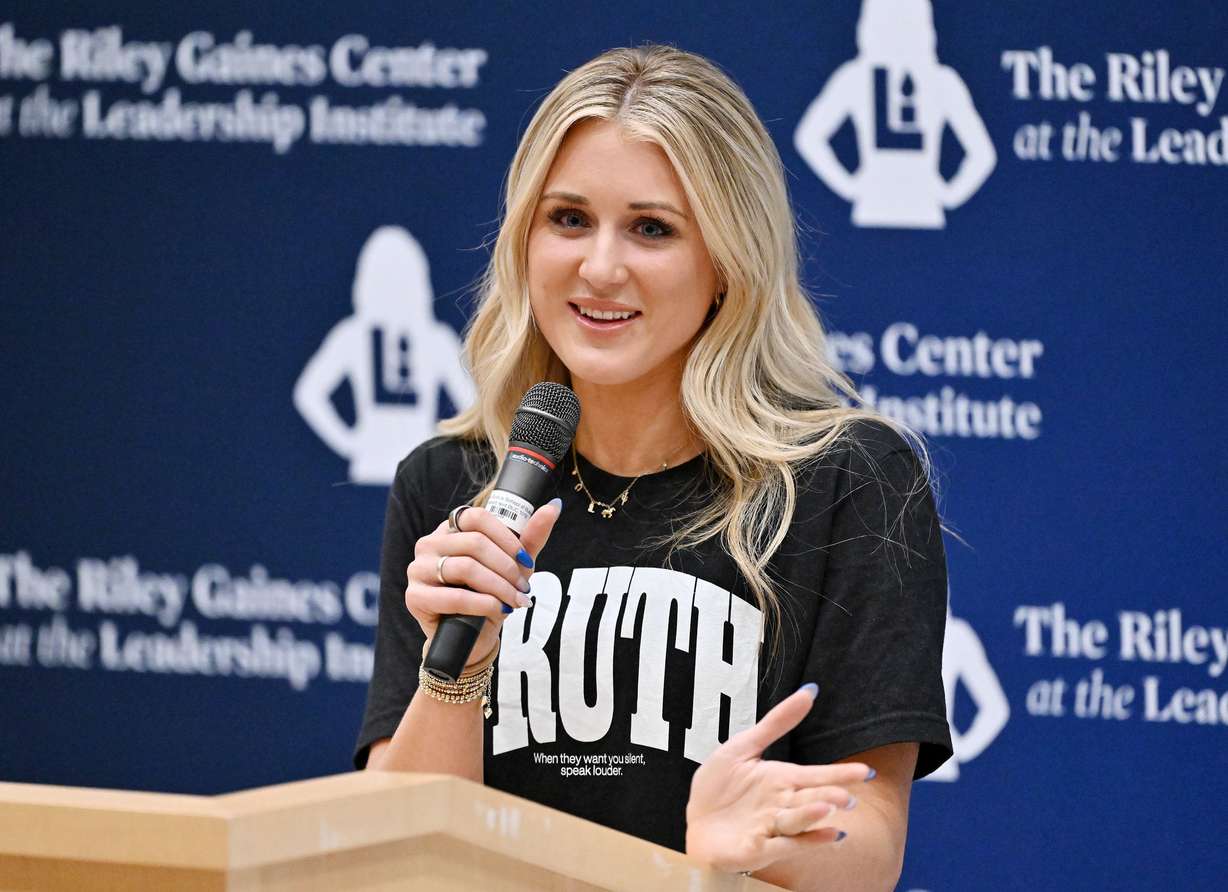 Swimmer-turned-activist Riley Gaines speaks at the Spencer Fox Eccles Business Building at the University of Utah in Salt Lake City about women's rights on Friday.