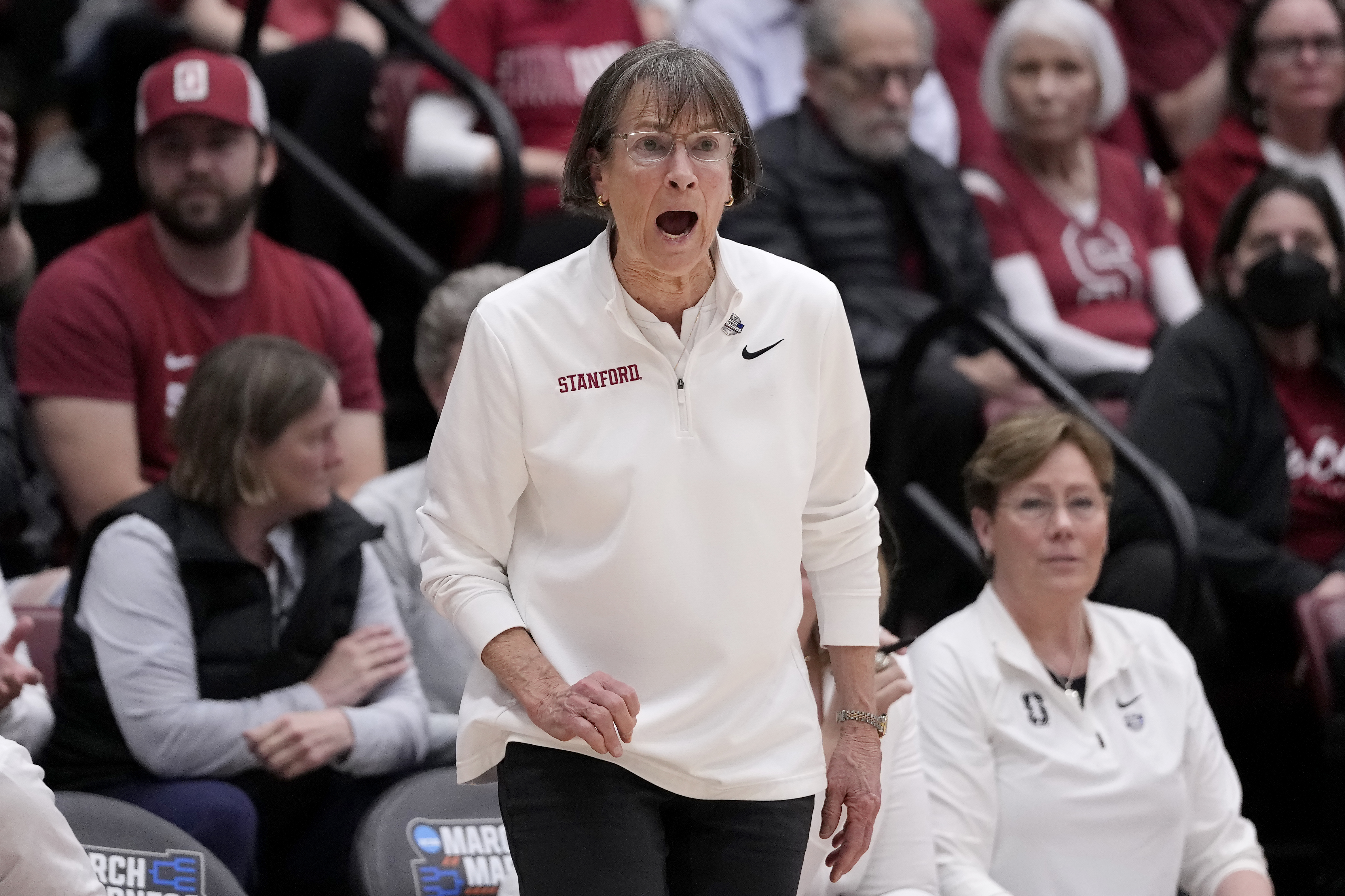 Stanford head coach Tara VanDerveer reacts toward players during the first half of the team's second-round college basketball game in the women's NCAA Tournament against Iowa State in Stanford, Calif., Sunday, March 24, 2024. 
