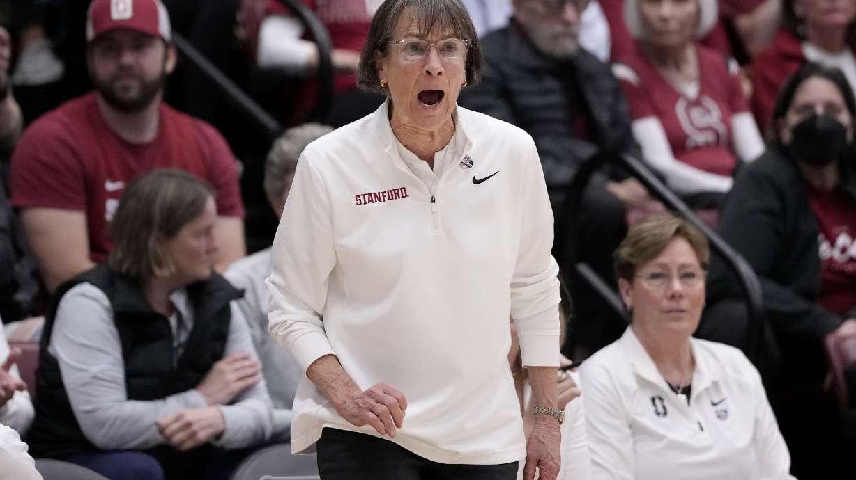 Stanford head coach Tara VanDerveer reacts toward players during the first half of the team's second-round college basketball game in the women's NCAA Tournament against Iowa State in Stanford, Calif., Sunday, March 24, 2024.