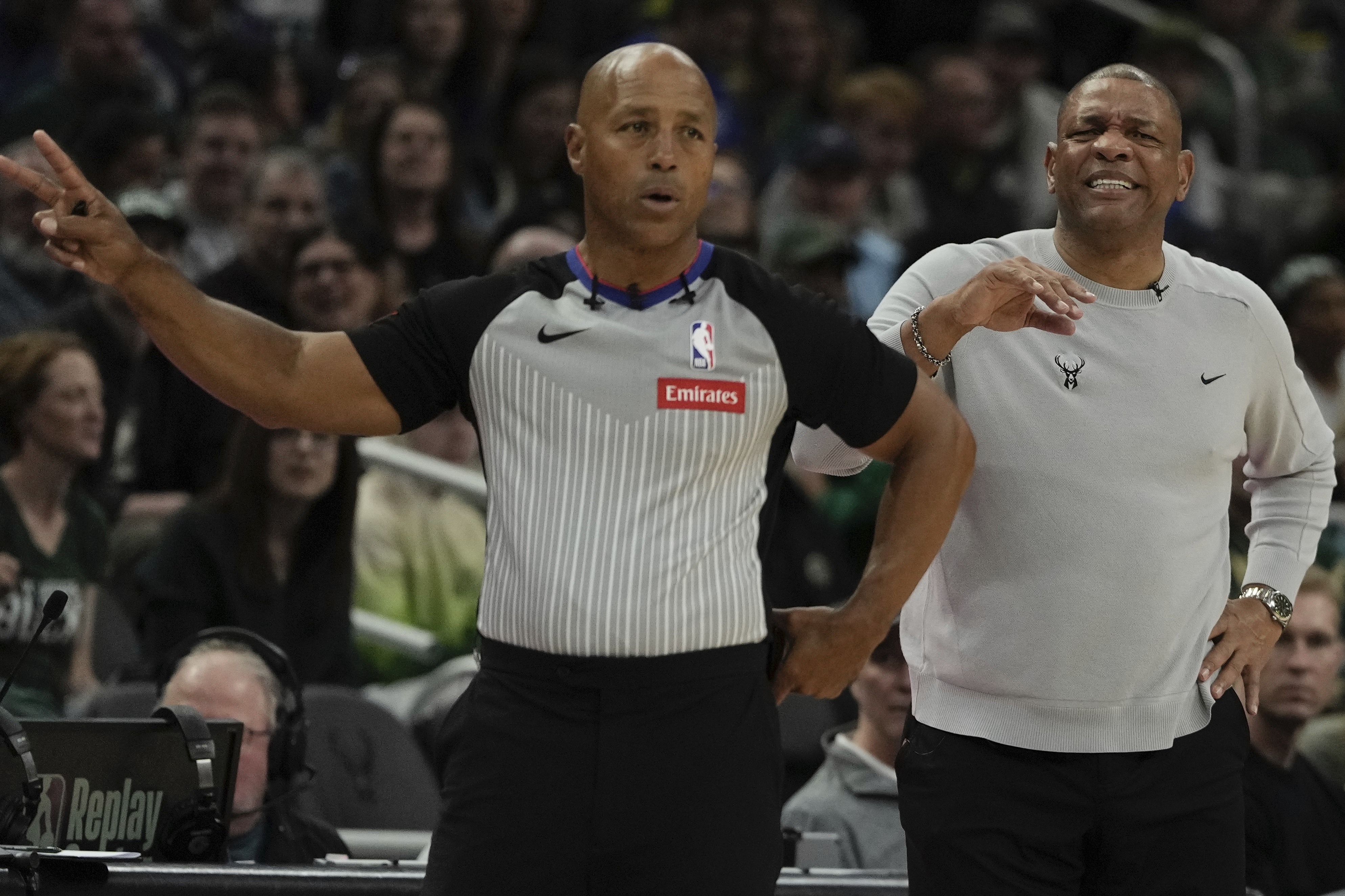 Milwaukee Bucks head coach Doc Rivers reacts to a call during the first half of an NBA basketball game Tuesday, April 9, 2024, in Milwaukee. 