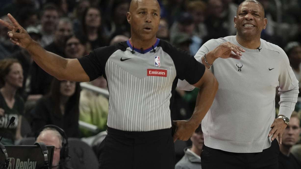 Milwaukee Bucks head coach Doc Rivers reacts to a call during the first half of an NBA basketball game Tuesday, April 9, 2024, in Milwaukee.