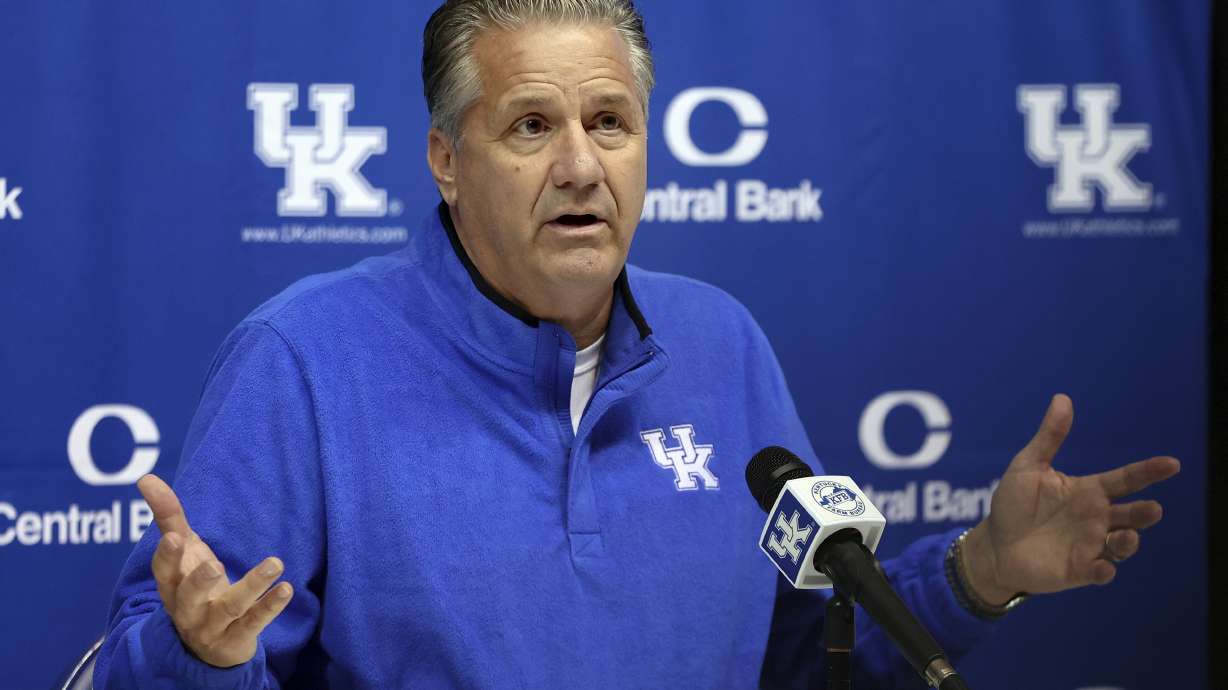 FILE - Kentucky coach John Calipari speaks to the press during Kentucky's NCAA college basketball media day in Lexington, Ky., Wednesday, Oct. 20, 2021. Calipari is stepping down as Kentucky's men's basketball coach after 15 years, saying Tuesday, April 9, 2024, on social media that the “program probably needs to hear another voice” amid reports that he's closing in on a deal with Arkansas to take over that Southeastern Conference program.