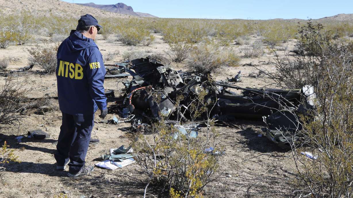 FILE - In this photo provided by the National Transportation Safety Board, an NTSB investigator surveys the site of an Airbus Helicopters EC-130 on Sunday, Feb. 11, 2024, near Halloran Springs, Calif. The family of a Nigerian business leader who died in the Southern California helicopter crash that killed five others filed a lawsuit Wednesday, April 10, claiming the flight should have been grounded because of treacherous weather.