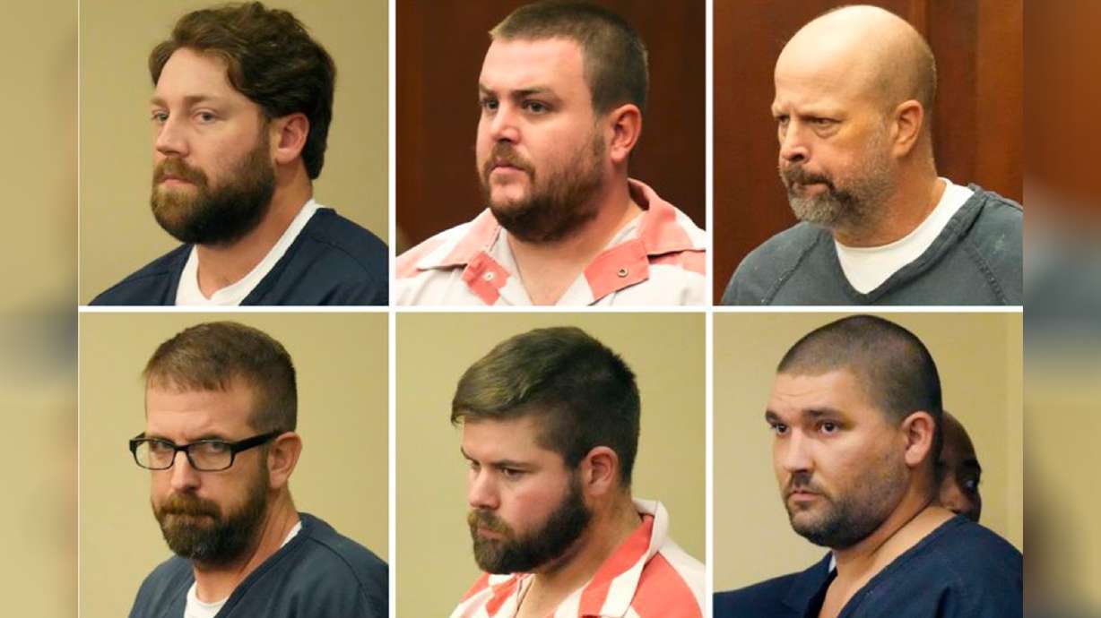 Former Rankin County sheriff's deputies Hunter Elward, Christian Dedmon, Brett McAlpin, Jeffrey Middleton, Daniel Opdyke and former Richland police officer Joshua Hartfield appear at the Rankin County Circuit Court in Brandon, Miss., Aug. 14, 2023.
