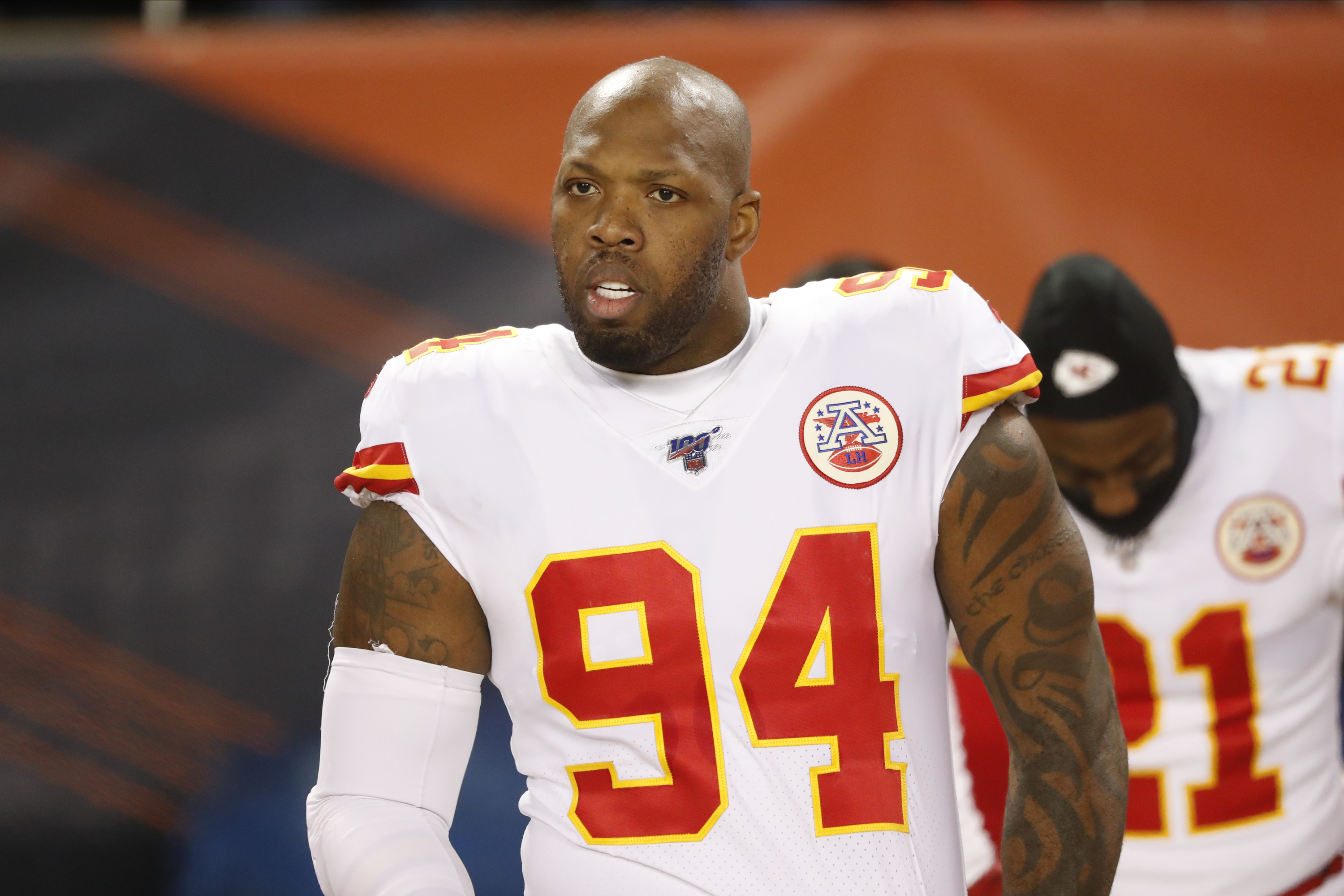 FILE - Kansas City Chiefs outside linebacker Terrell Suggs (94) prepares before an NFL football game against the Chicago Bears in Chicago, Sunday, Dec. 22, 2019. Former NFL linebacker Terrell Suggs has been arrested after allegedly threatening another man and showing a handgun during a dispute in a Starbucks drive-thru line, Tuesday, April 9, 2024.