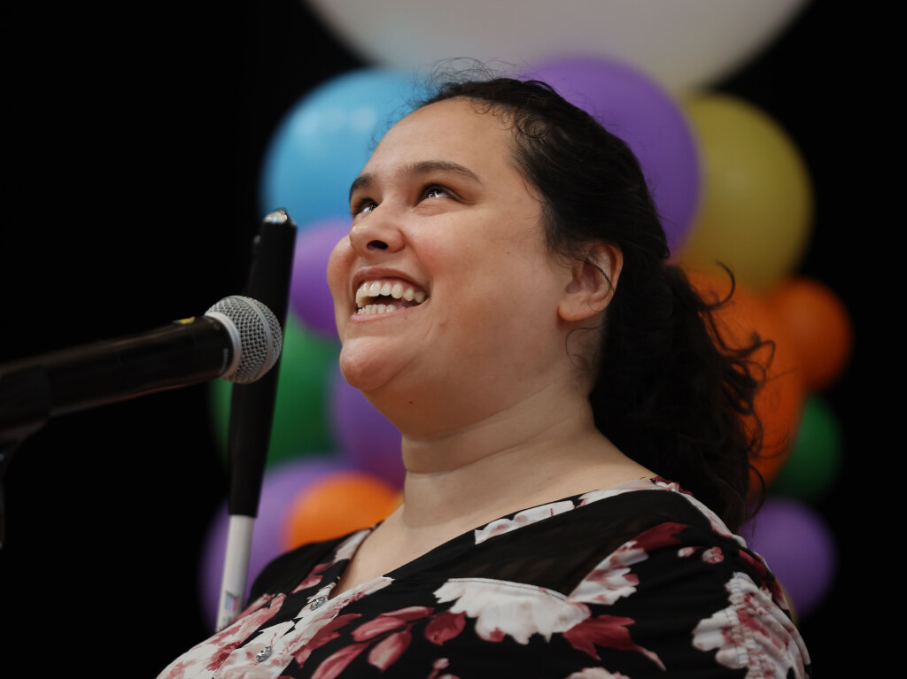 NASA Astro Access ambassador Lindsay Yazzolino speaks to students of the Utah Schools for the Deaf and the Blind in Salt Lake City on Wednesday.