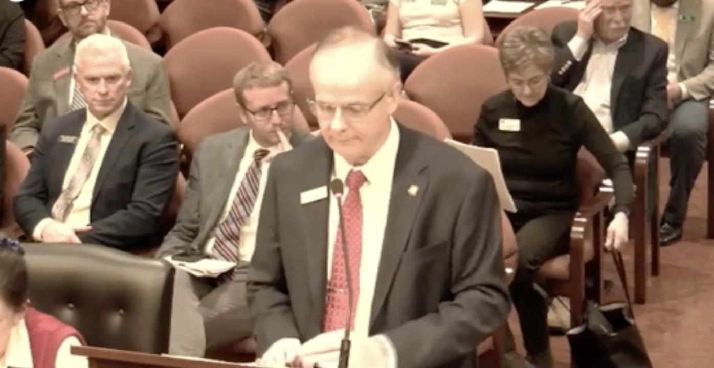 Sen. Doug Ricks, R-Rexburg, testifying before the Senate Government Taxation & Committee about HB521.