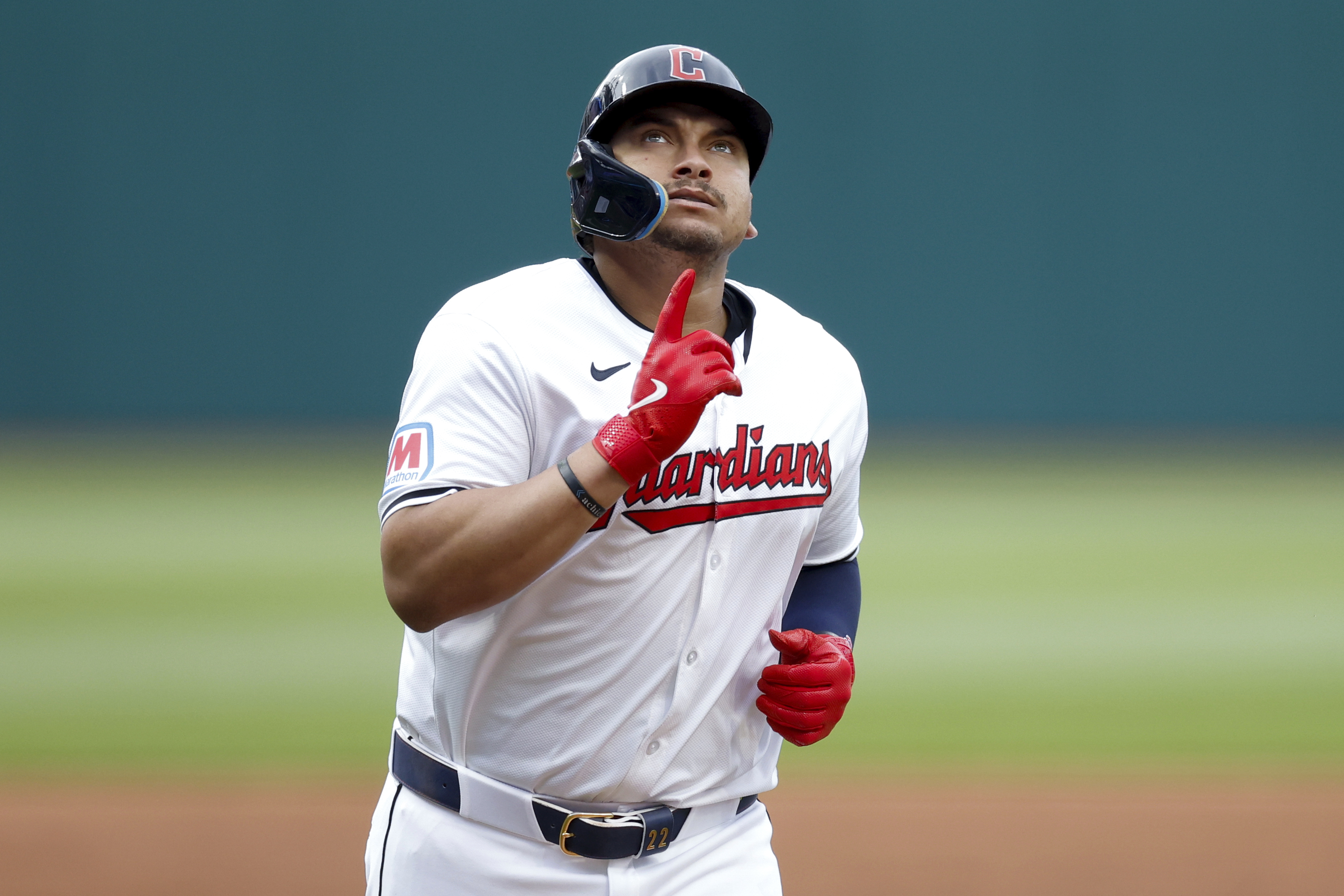 Cleveland Guardians' Josh Naylor celebrates as he rounds the bases after hitting a two-run home run off Chicago White Sox pitcher Michael Soroka during the first inning of a baseball game, Tuesday, April 9, 2024, in Cleveland.
