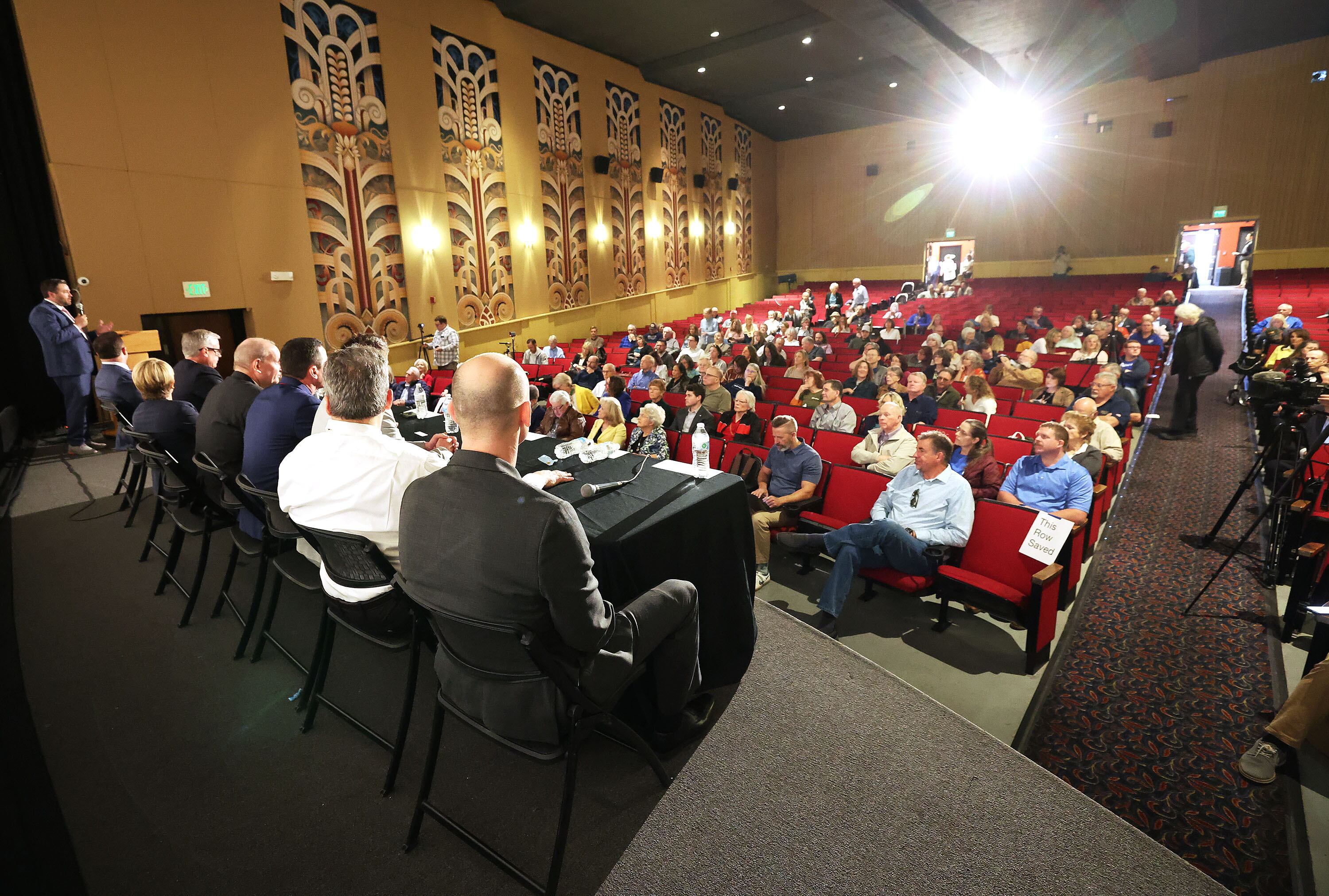 U.S. Senate candidates debate at the SCERA Theatre in Orem on Wednesday. Republican U.S. Senate candidates running to replace Sen. Mitt Romney divided themselves into two camps during a state delegate forum on Wednesday.