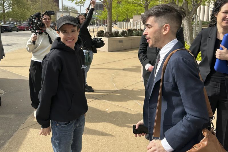 ACLU attorney Chase Strangio, right, and actor Elliot Page leave the 8th U.S. Circuit Court of Appeals after a hearing Thursday, in St. Louis. The Federal appeals court is hearing arguments over Arkansas' first-in-the-nation ban on gender-affirming care for minors. Page was at the hearing in support of the ACLU’s challenge to the law.