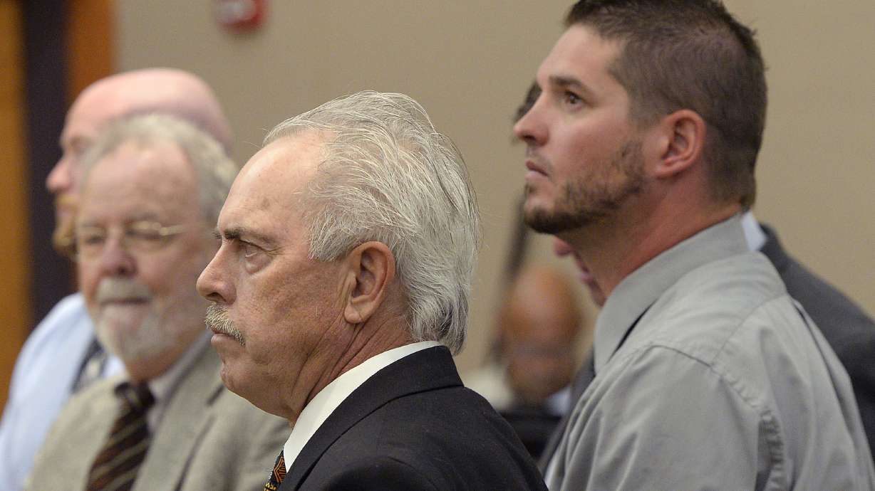 Former Daggett County sheriff's deputy Joshua Cox, former Daggett County Sheriff Jerry Jorgensen and former Daggett County Sheriff's Lt. Benjamin Lail appear in court in Park City on July 17, 2017. Two former inmates are suing the county after they were abused by jailers.