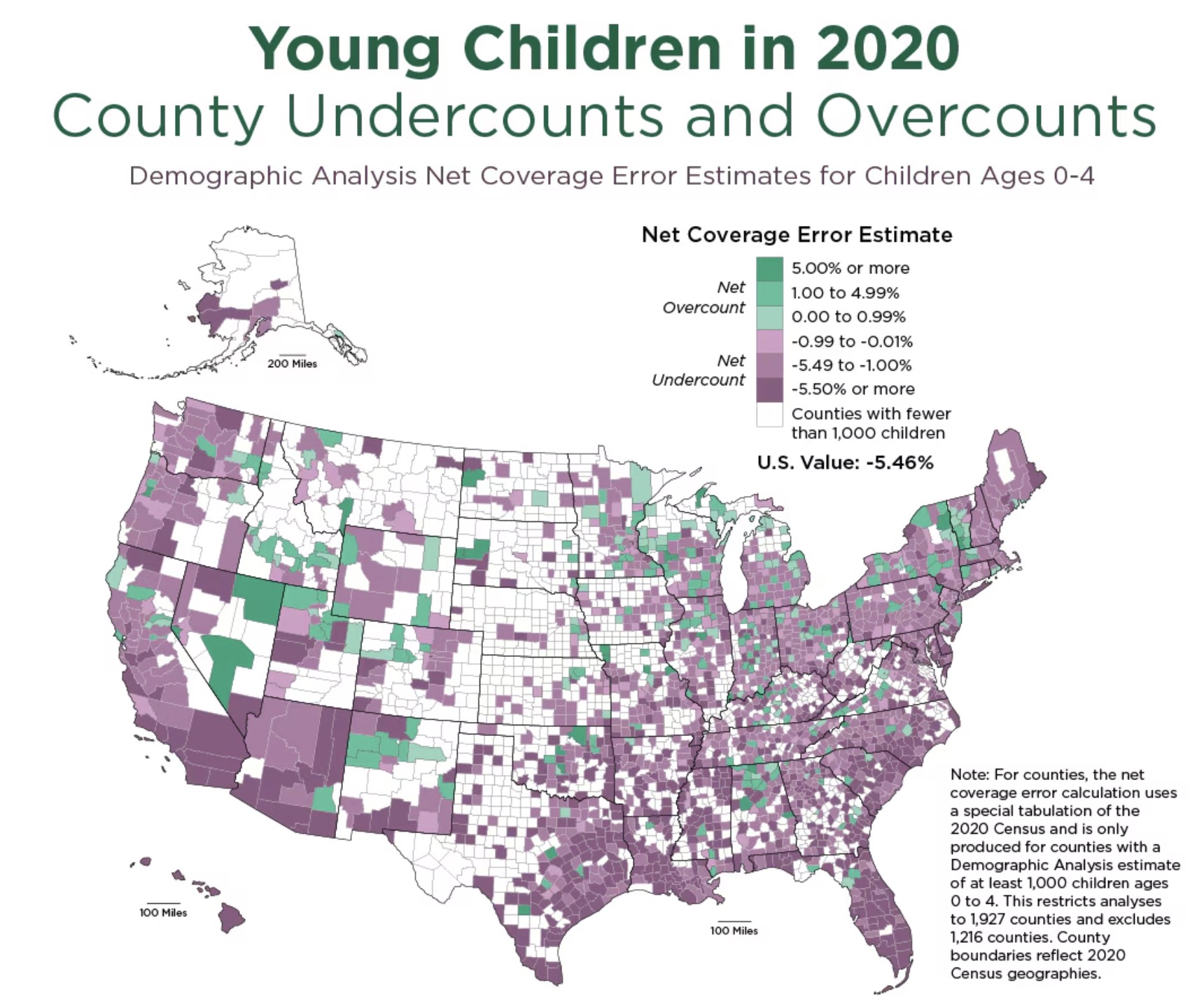 This map shows U.S. counties with overcounts (green) and undercounts (purple) of children aged 0 to 4 during the time of the 2020 census. Seven Utah counties were among the few areas with child overcounts, according to the Census Bureau.