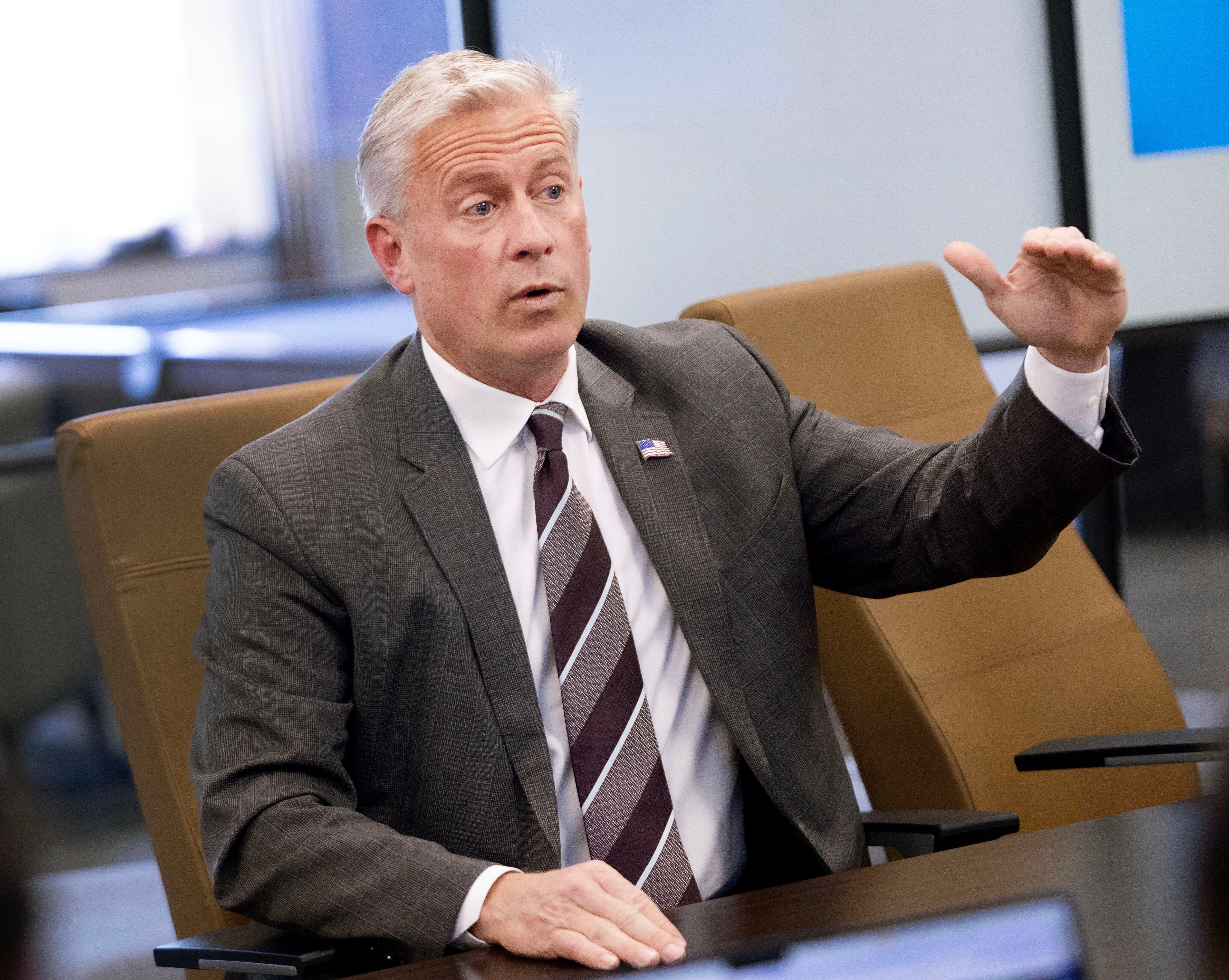 U.S. Senate candidate Jason Walton meets with the Deseret News Editorial Board at the Deseret News office in Salt Lake City on Thursday.