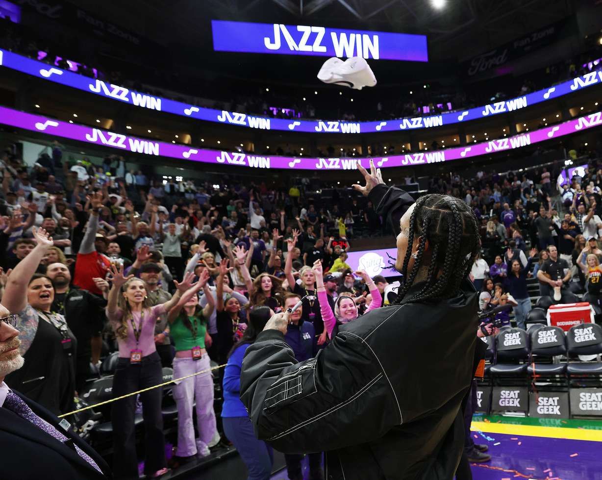 Utah Jazz guard Jordan Clarkson (00) throws a shoe to the crowd after the game in Salt Lake City on Thursday, April 11, 2024. Utah won 124-121.