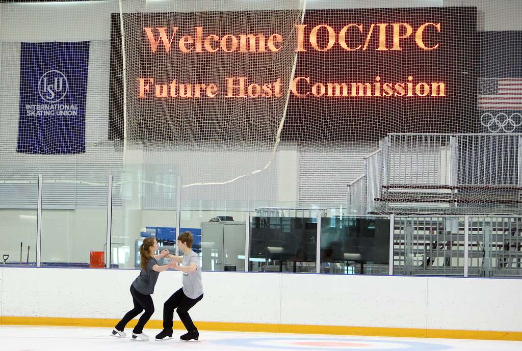 Aubryn Sago and Colson Sago skate at the Utah Olympic Oval in Kearns on Friday. Members of the International Olympic Committee’s Future Host Commission, IOC, U.S. Olympic and Paralympic leaders toured the venue in consideration of the 2034 Games.