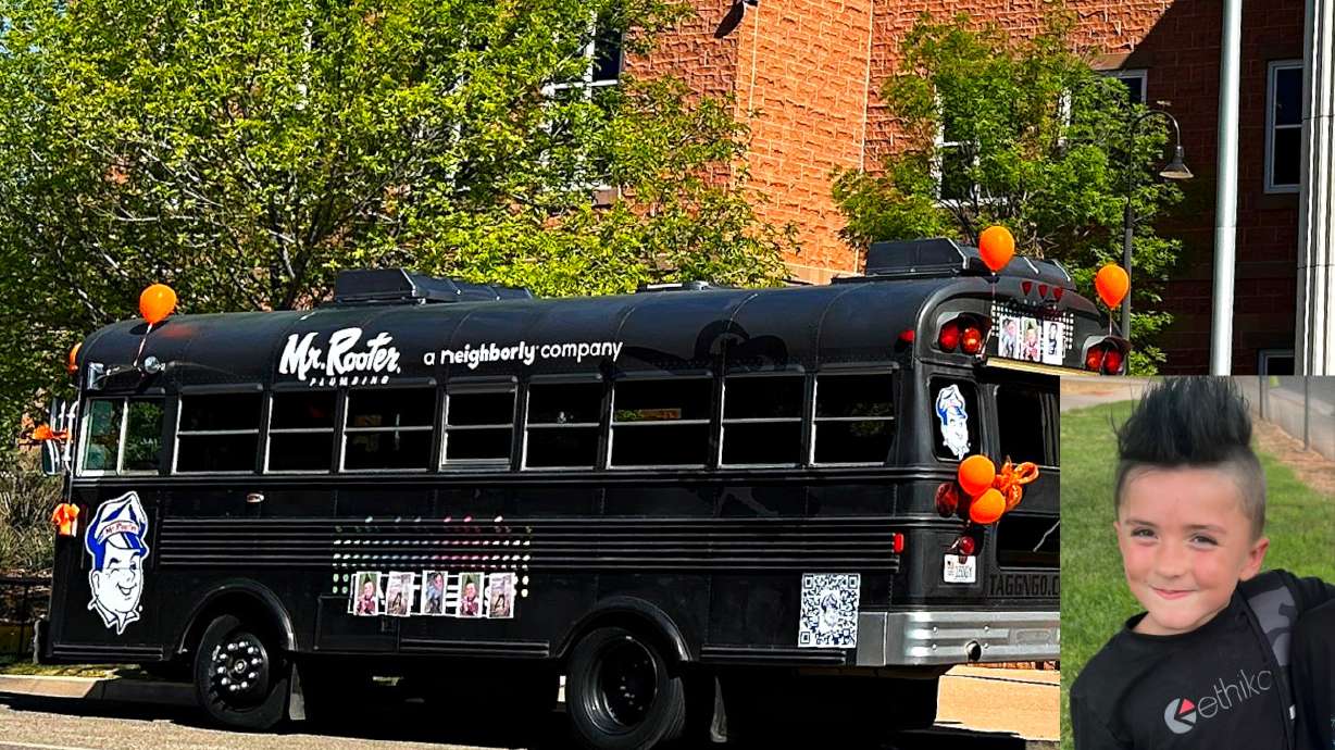 A bus is adorned with balloons in honor of 7-year-old “Ace” Butterfus, pictured in the overlay, who was killed in a crash in June 2023. The bus is parked in front of 5th District Court during the sentencing of Tracy Sandoval in St. George, Thursday.