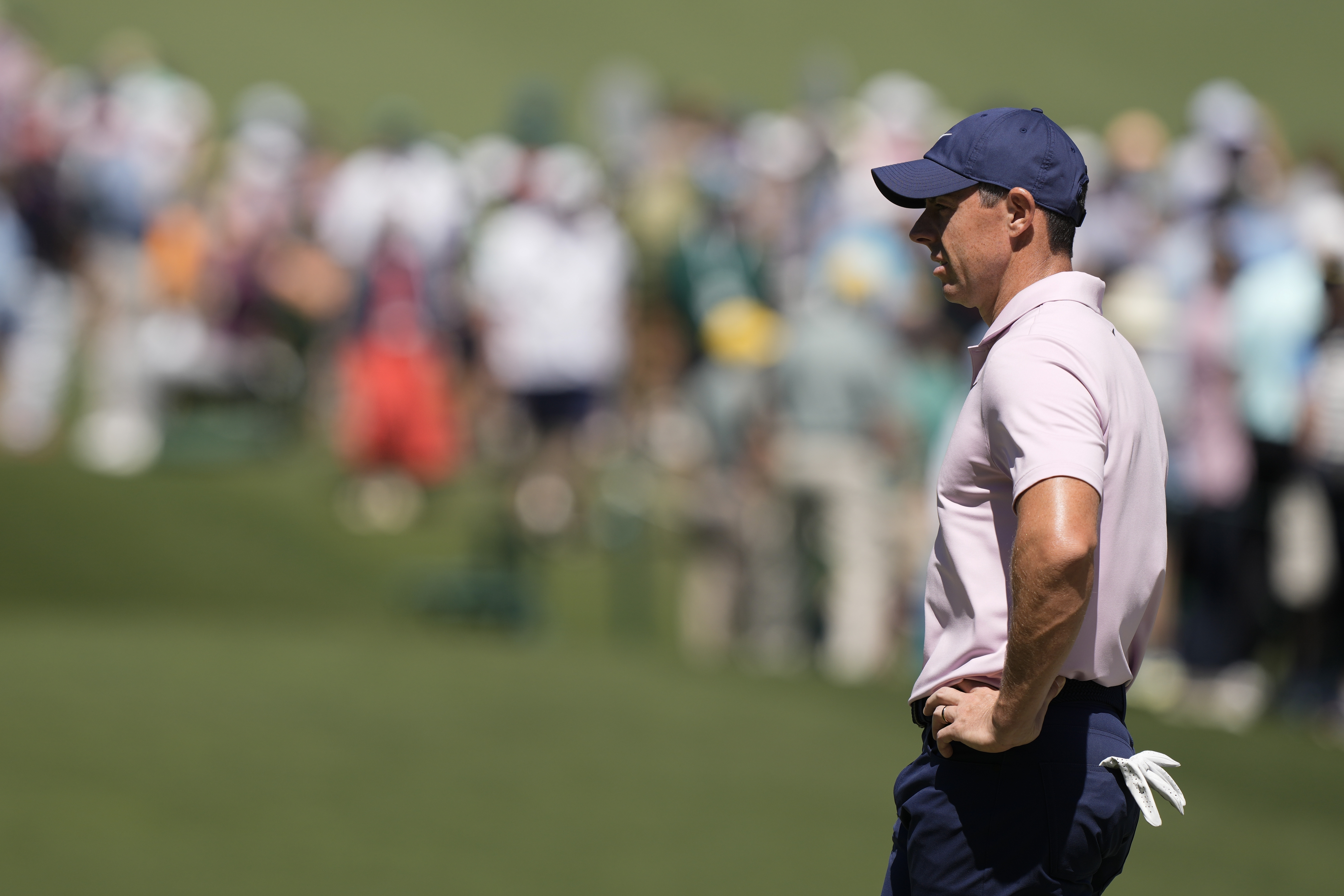 Rory McIlroy, of Northern Ireland, waits to play on the seventh hole during third round at the Masters golf tournament at Augusta National Golf Club Saturday, April 13, 2024, in Augusta, Ga. 