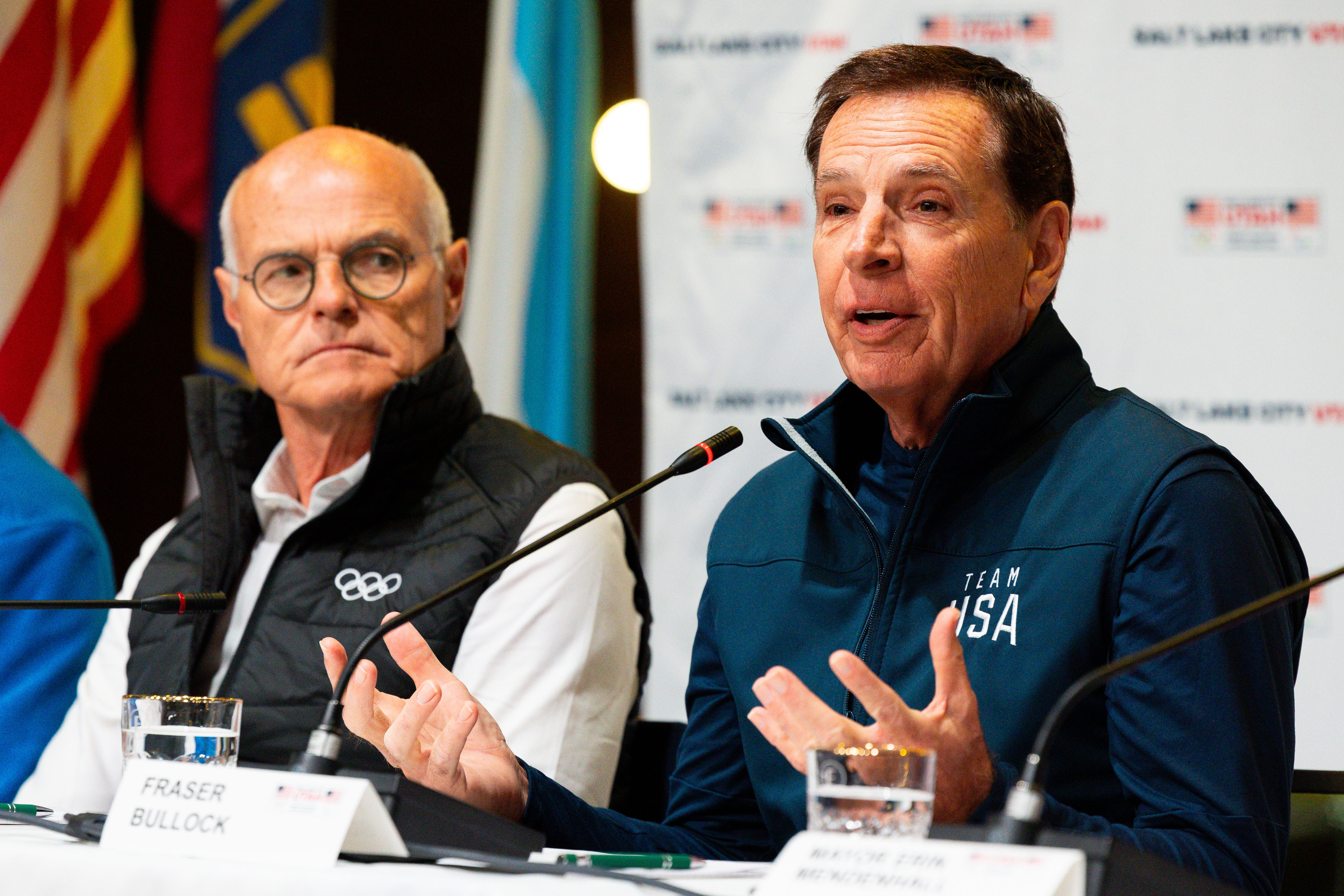 Fraser Bullock, president and CEO of the Salt Lake City-Utah Committee for the Games, speaks at a press conference Saturday with the IOC’s Future Host Commission during their visit to Salt Lake City at Edison House in Salt Lake City.